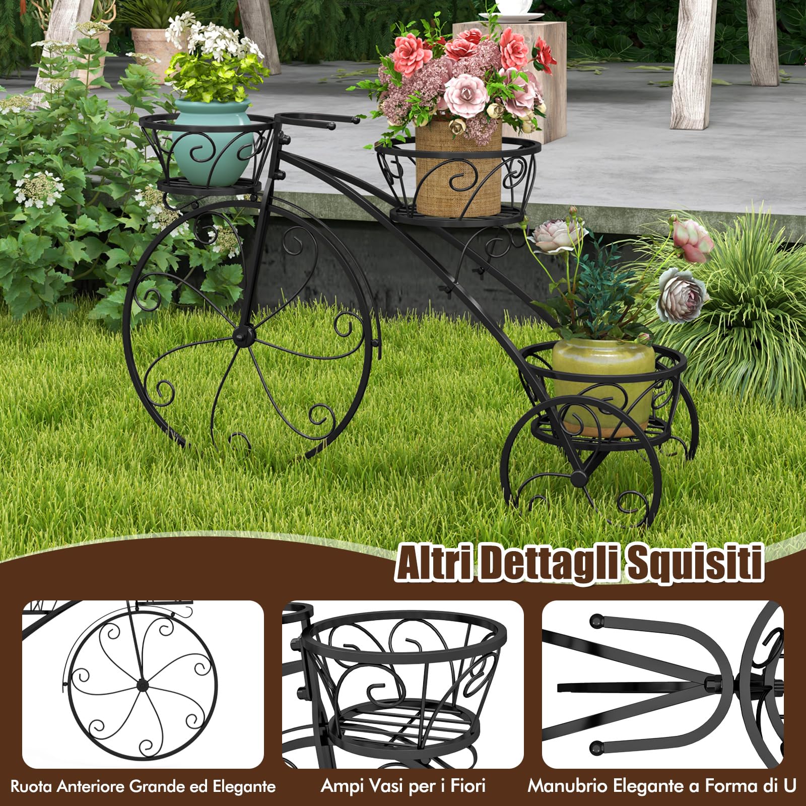 RELAX4LIFE Supporto per Piante a 3 Piani, Carrello per Vasi a Forma di Triciclo, Supporto per Piante con Telaio in Metallo Robusto da Giardino per Interni ed Esterni, 80 x 25 x 52 cm (Nero)