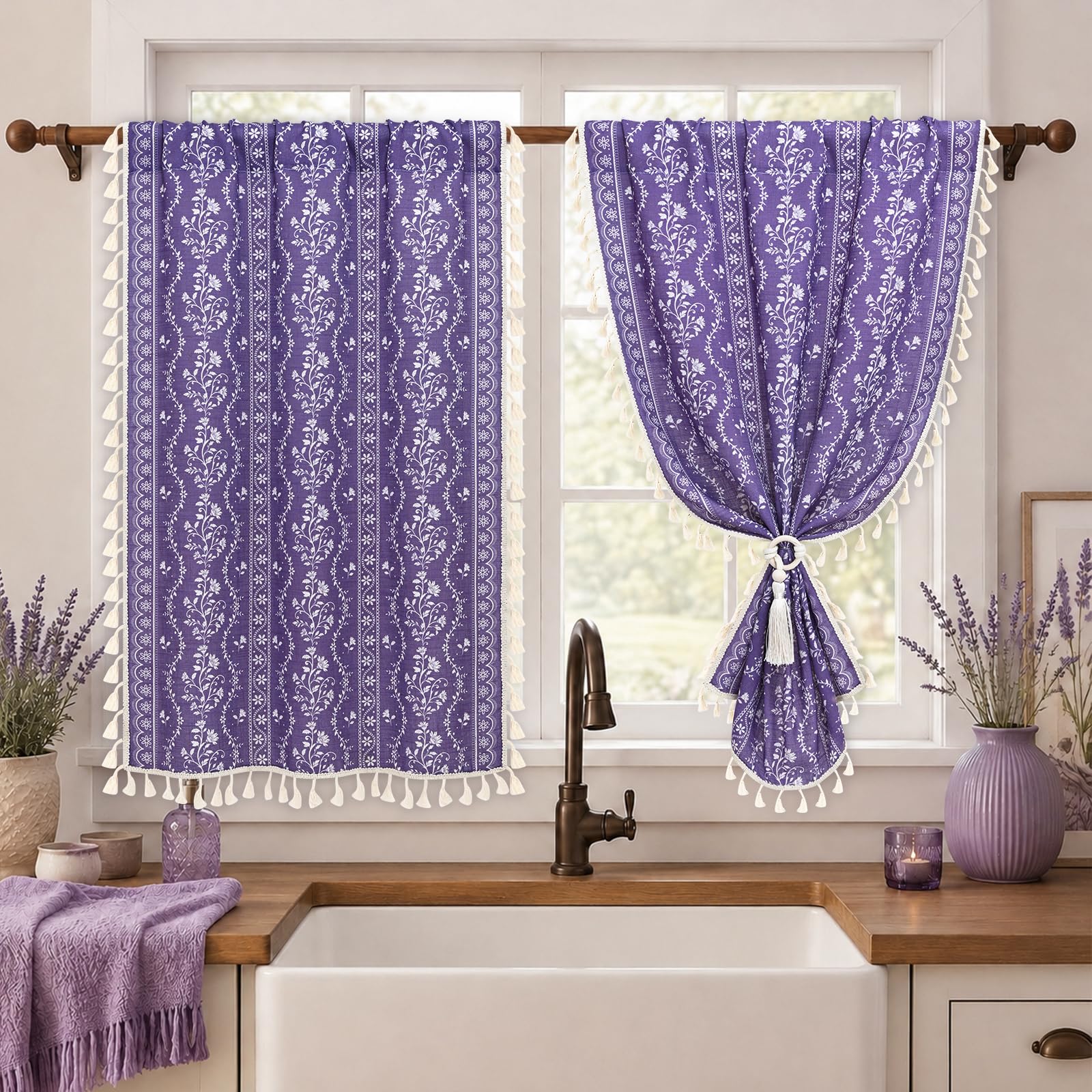Yinhua Boho Kitchen Curtains 36 Inch Length Vintage Linen Cafe Curtains Light Filtering Bohemian Floral Tier Rod Pocket Farmhouse Rustic Tassel Small Drapes with Tiebacks, 2 Panels, Purple