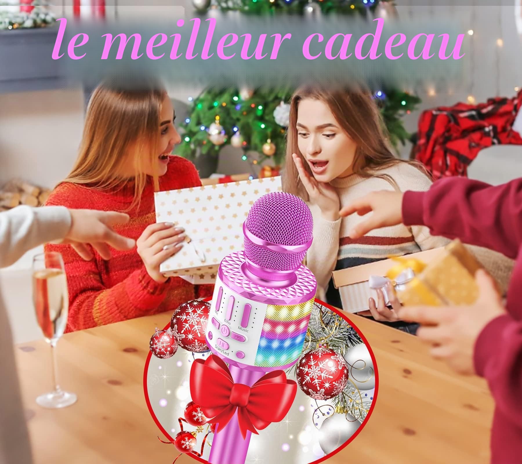 Micros sans Fil Karaoké, Microphone Karaoke Bluetooth avec Lumière Scène, Portable Haut-Parleur pour Enfants/Adultes Fête Chanter Disco KTV Clubs Noël Anniversaire Soiree Idée Cadeau Fille Garcon