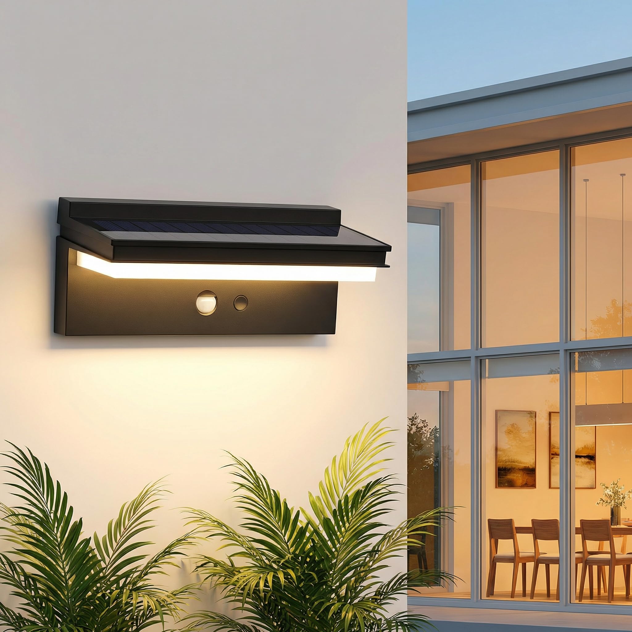 Kimuwote Solarlampen für Außen mit Bewegungsmelder, 3 Modi Solarleuchten Beleuchtung, Superhell Wandleuchte 4400mAh, IP65 Wasserdicht,Wandleuchte für Garten, Garage, Vordach, Terrasse und Hof