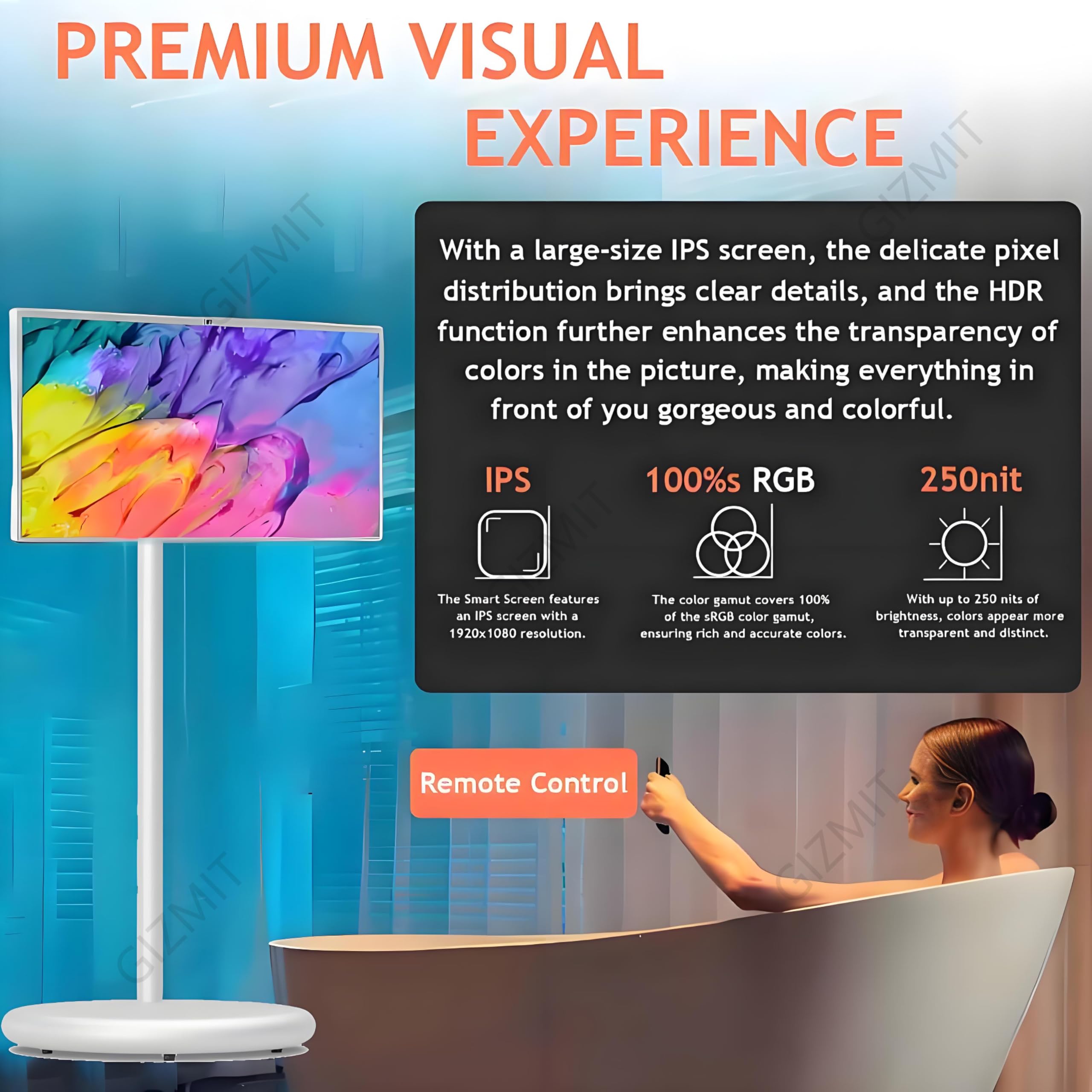 Smart TV Portatile FHD, TV Portatile con Ruote, Android 13, Monitor Touch Screen Portatile, Fotocamera da 13 MP, Batteria Integrata, con Telecomando, per casa, Ufficio, Palestra 8+128G-27Inch