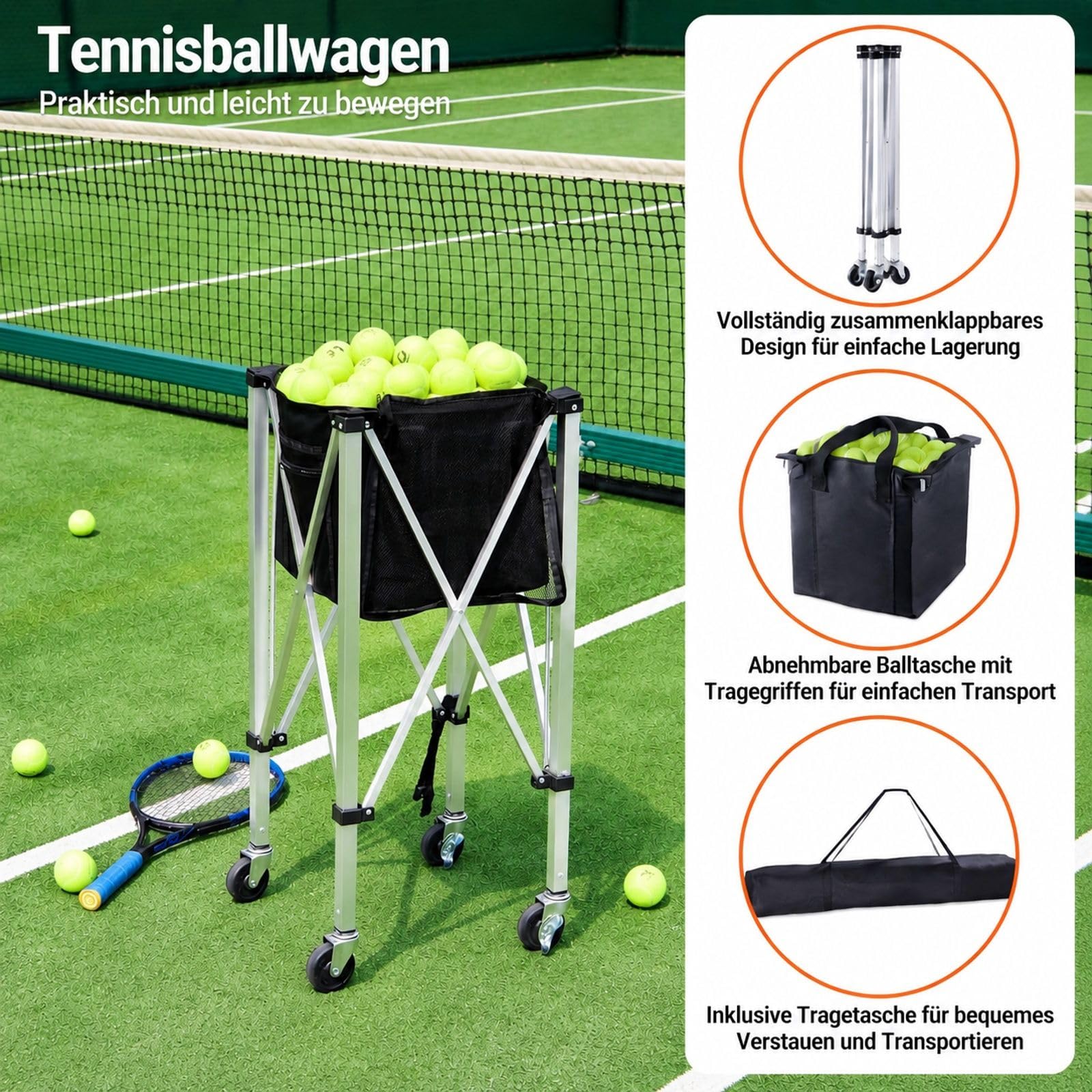 Tennisballwagen mit Rädern, Korb für 150 Bälle, Faltbare Struktur für Tennistraining