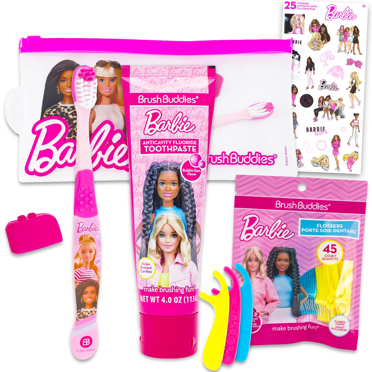 Barbie Mundpflege-Reise-Set für Kinder – Set mit Zahnbürste mit Abdeckung, Zahnpasta, Zahnseide-Packung, Reisetasche und mehr für Mädchen, Kleinkinder | Barbie Zahnbürsten-Set