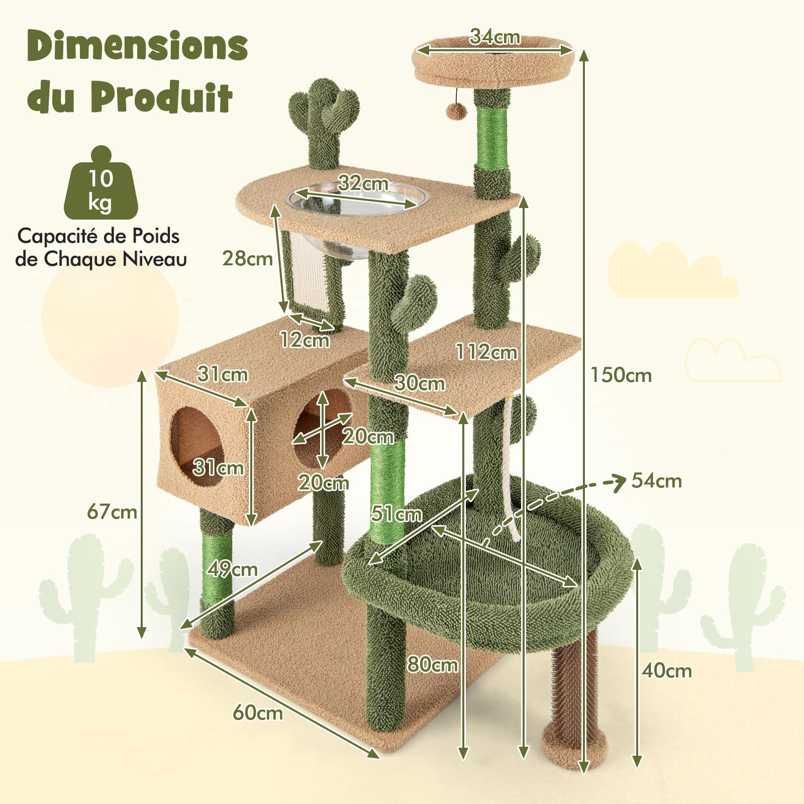 COSTWAY Arbre à Chat Cactus 150 cm, Tour pour Chats à 5 Étages, 4 Plateformes, Condo, Capsule, Arbre à Chat XXL, Brosse d'Toilettage, Planche à Griffer, 3 Poteaux à Griffer en Sisal