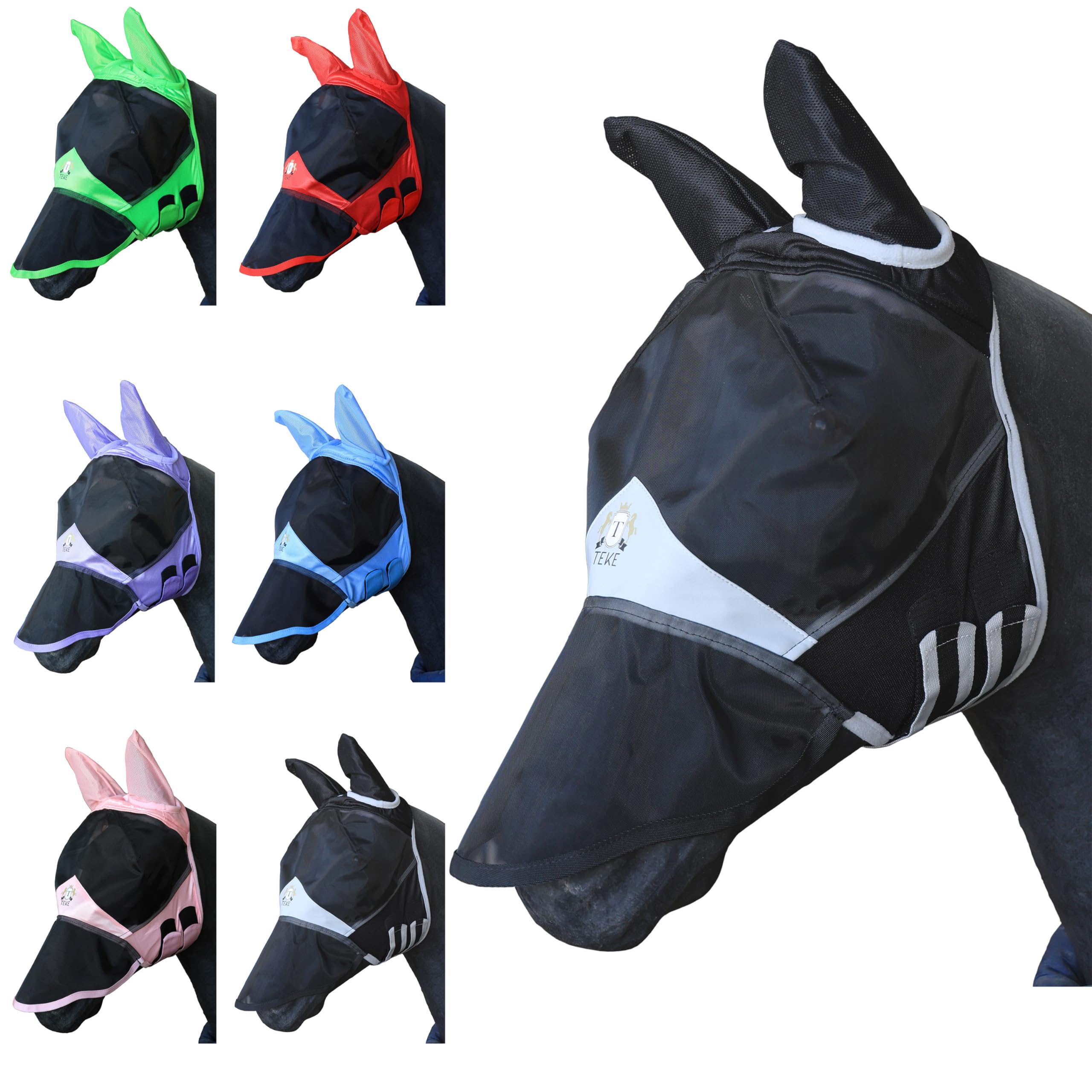 T TEKE Fine Mesh Horse Fly Mask w/Ears & Nose, UV blocking 3D Eye Visor with extra fleece cushioned forehead, Protection from Insect Pests