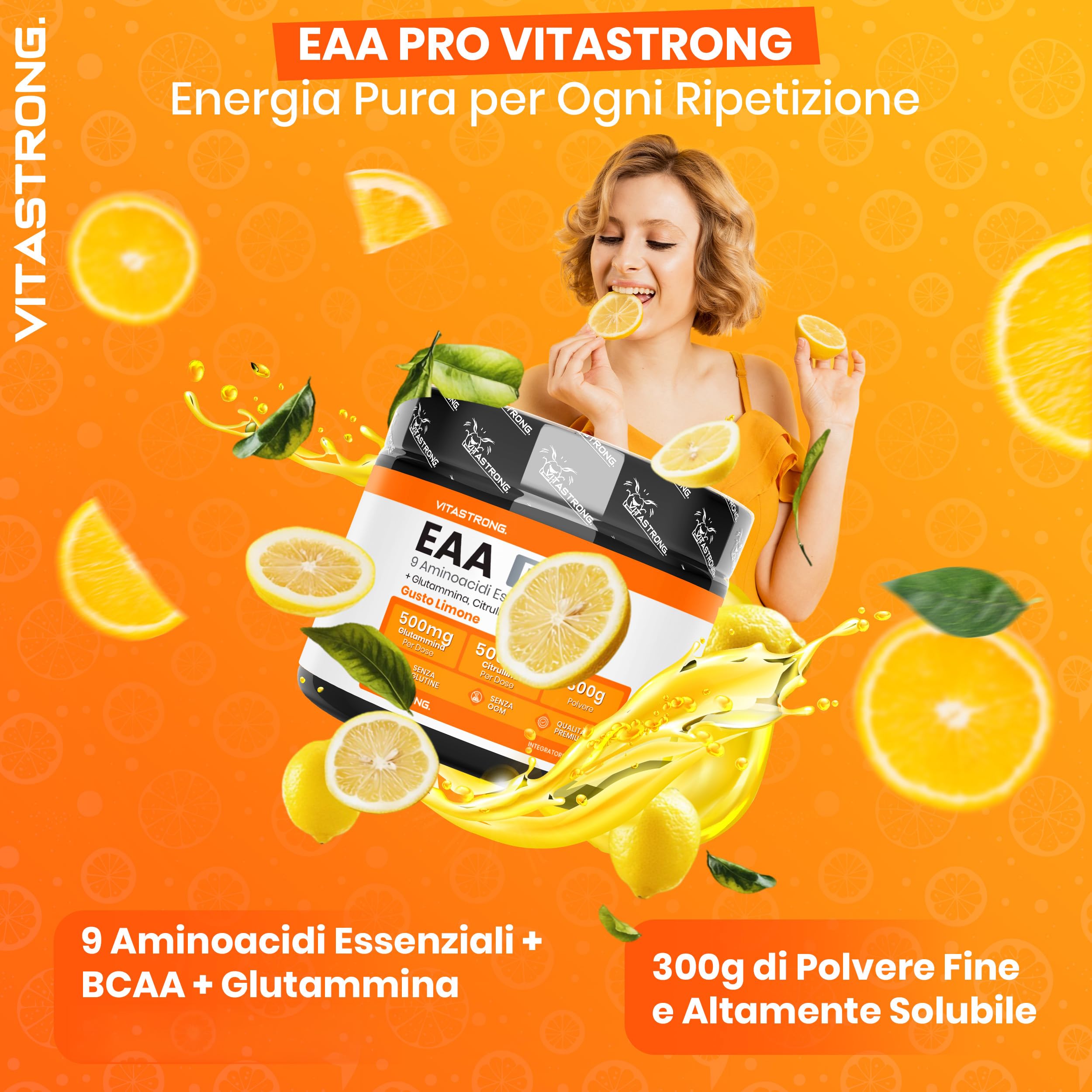 Aminoacidi Essenziali EAA PRO Vitastrong, 9 EAA Aminoacidi Essenziali Polvere 300g, BCAA Amminoacidi Ramificati, Glutammina, L Citrullina, L-Tirosina, L Lisina, L Triptofano, Metionina, Gusto Limone