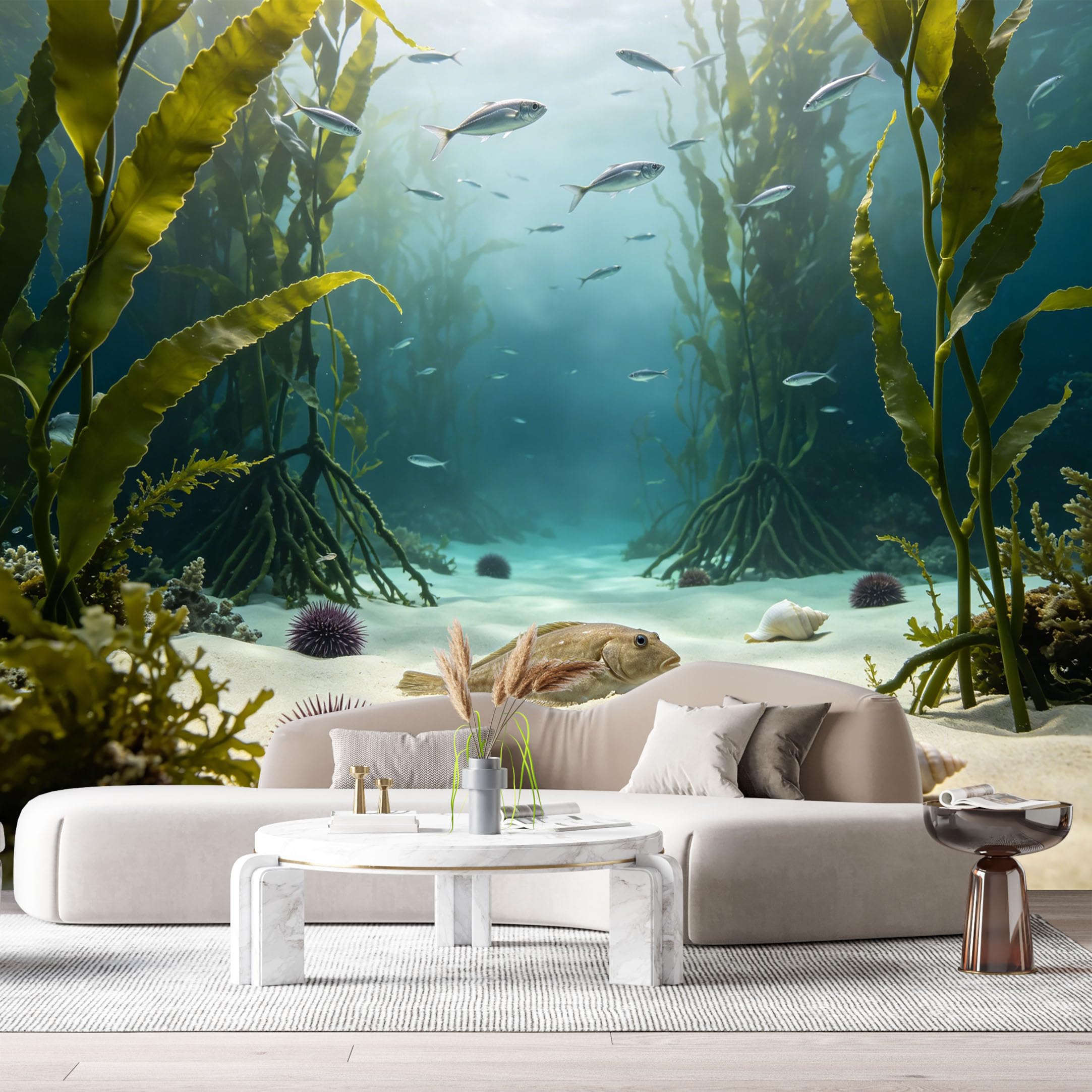 Custom Size Wall Murals Underwater Ocean Marine 3D Trompe L'Oeil Kelp Forest Fish Sea Shells SelfAdhesiveWall Fabric Removable Wallpaper Wall Decor for Living Room Bedroom Bathroom