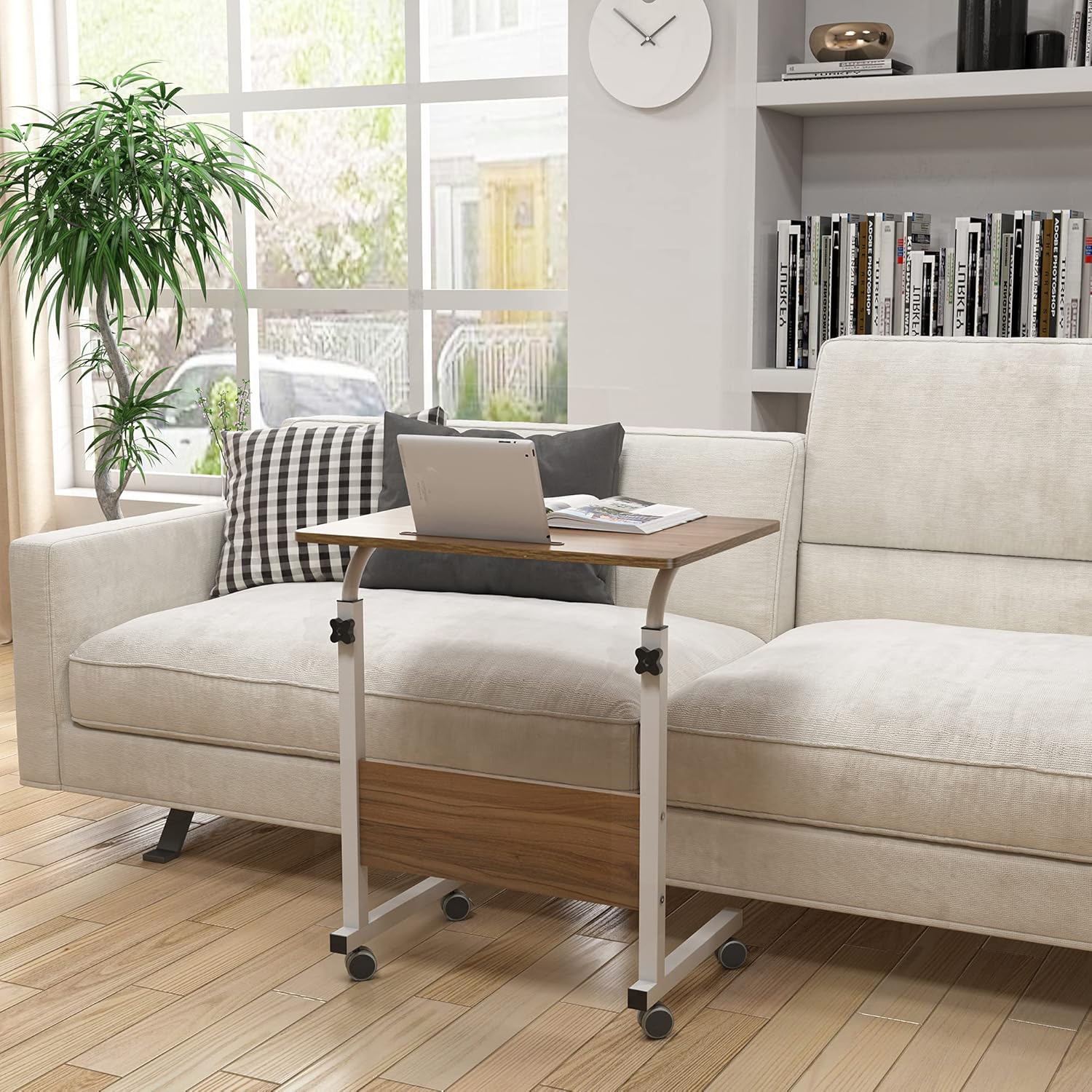 soges Rolling Laptop Desk Cart Height Adjustable, 23.6 inches Mobile Sofa Side Table with Tablet Slot, Portable Standing Laptop Table Desk, Small C Table for Sofa Couch Bed, Oak