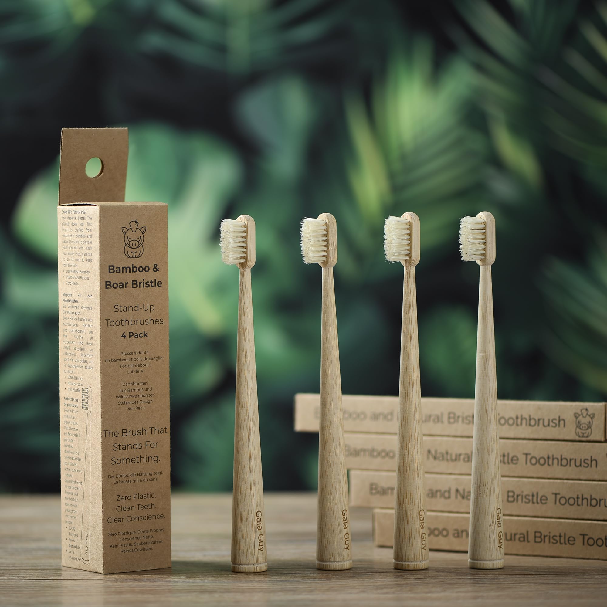 Gaia Guy Cepillos de dientes de cerdas de bambú y jabalí, paquete de 4, cerdas naturales de jabalí, sin plástico, mango de pie, cuidado bucal minimalista y de bajo desperdicio
