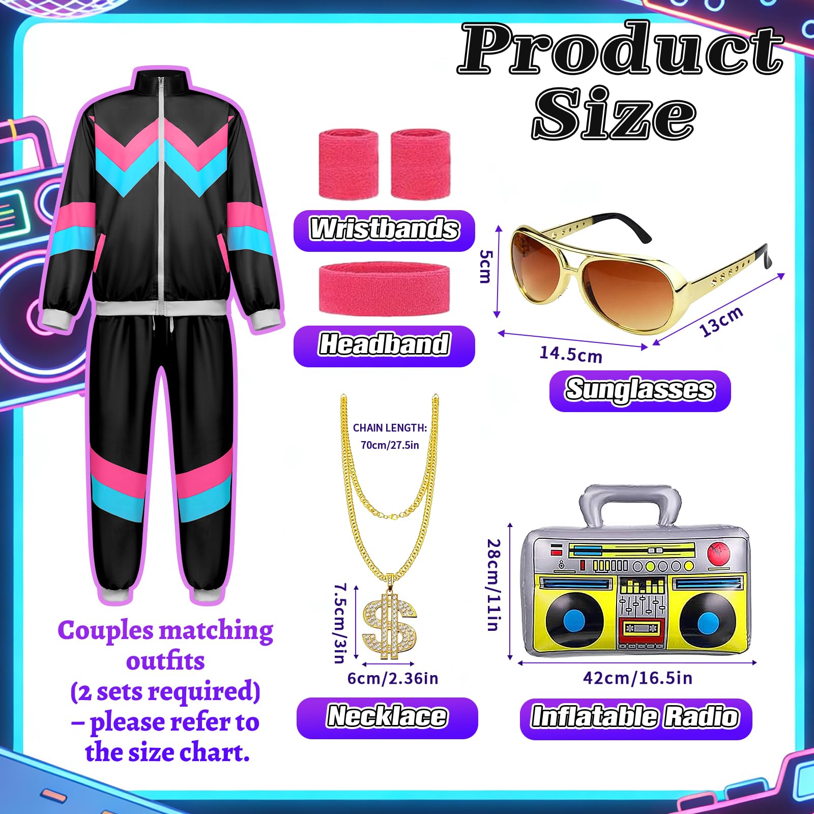 YRTBGD 80s 90s Fancy Dress for Women,80's Outfits Costumes with Accessories for Halloween Carnival Party (Black, M) - Image 3