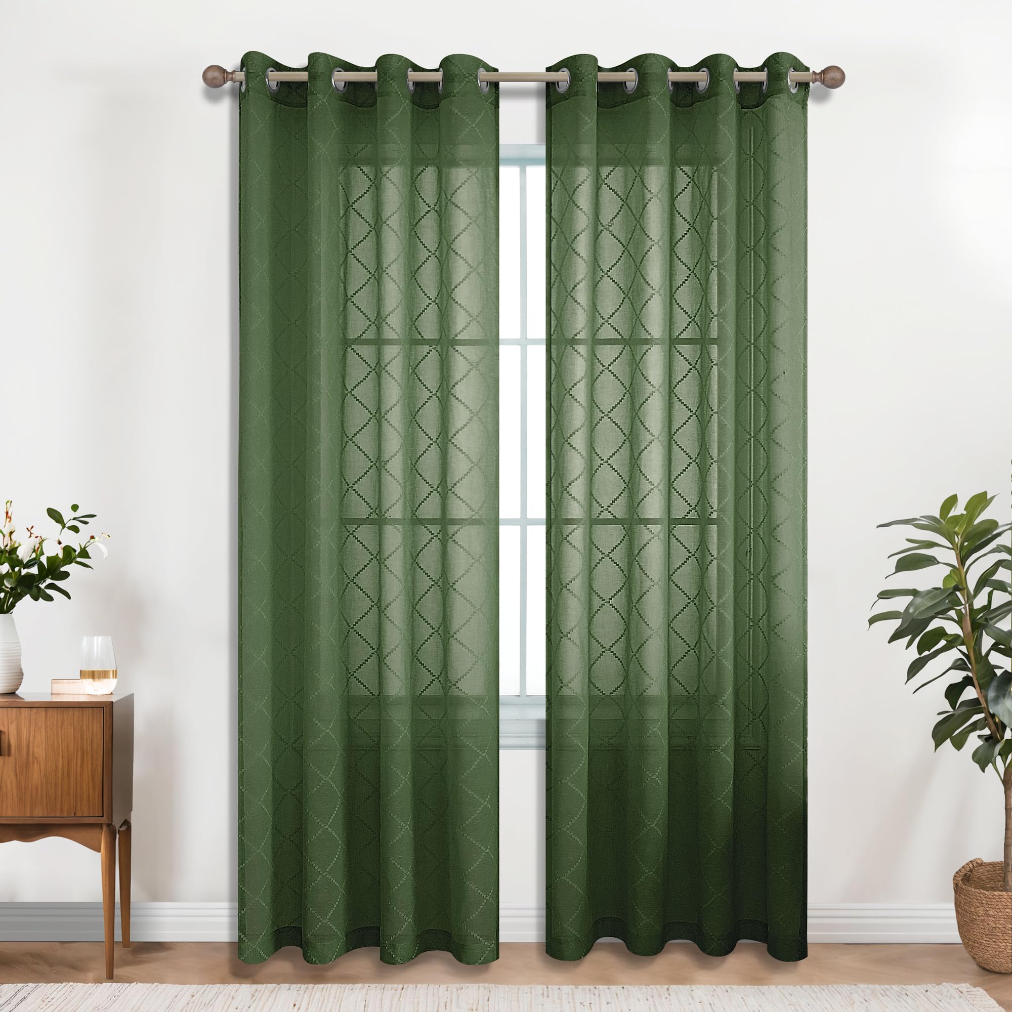 KOUFALL Olive Green Curtains for Living Room,Boho Embroidered Diamond Trellis Patterned Semi Sheer Curtains 84 Inches Long for Bedroom Dining Room with Grommet 2 Panels Set,Dark Green