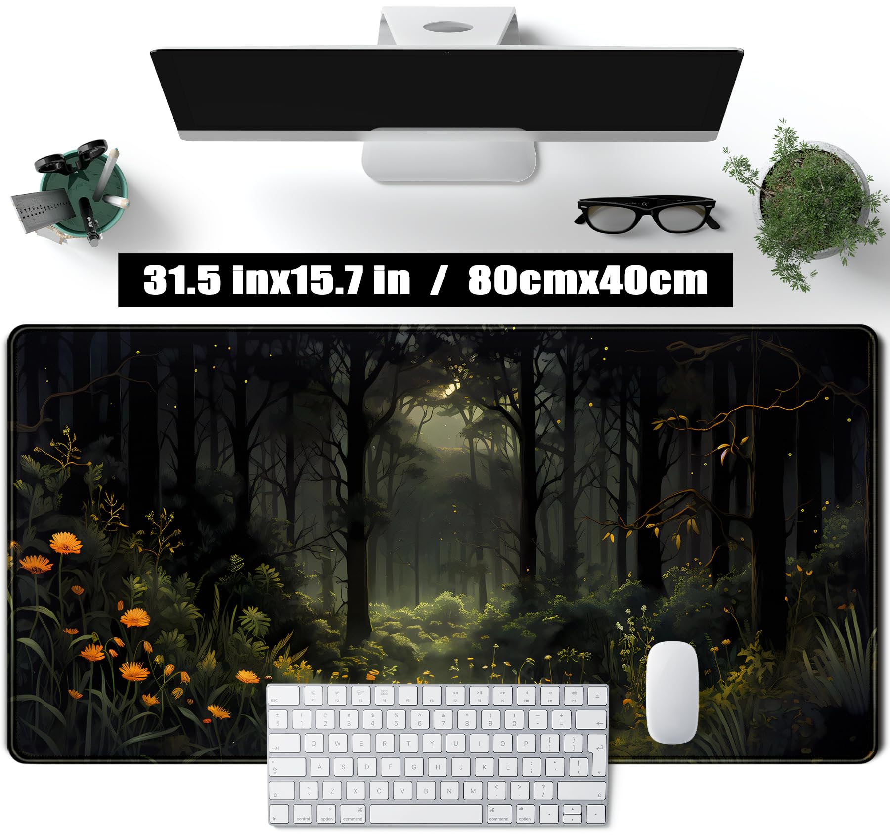 Alfombrilla de escritorio para mujer, tamaño extragrande XXL, diseños de bosque oscuro, naturaleza verde, anime, plantas, tapete de sobremesa para videojuegos, para teclado y ratón, 80 x 40 cm