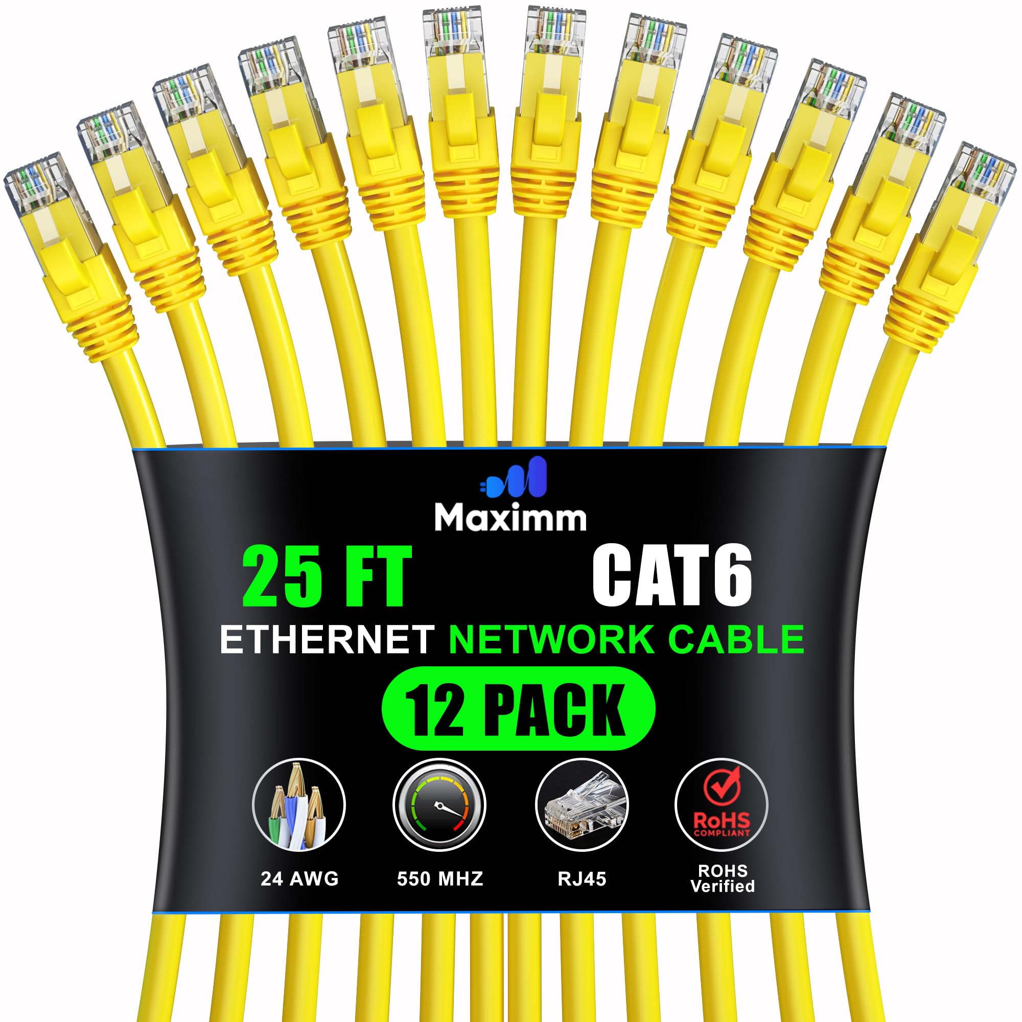 Maximm Cat 6 Ethernet Cable - 25 ft (12-Pack) - High-Speed LAN, Internet, Patch, and Network Cable - UTP, 10Gbps, 550MHz Ethernet Cord - Yellow