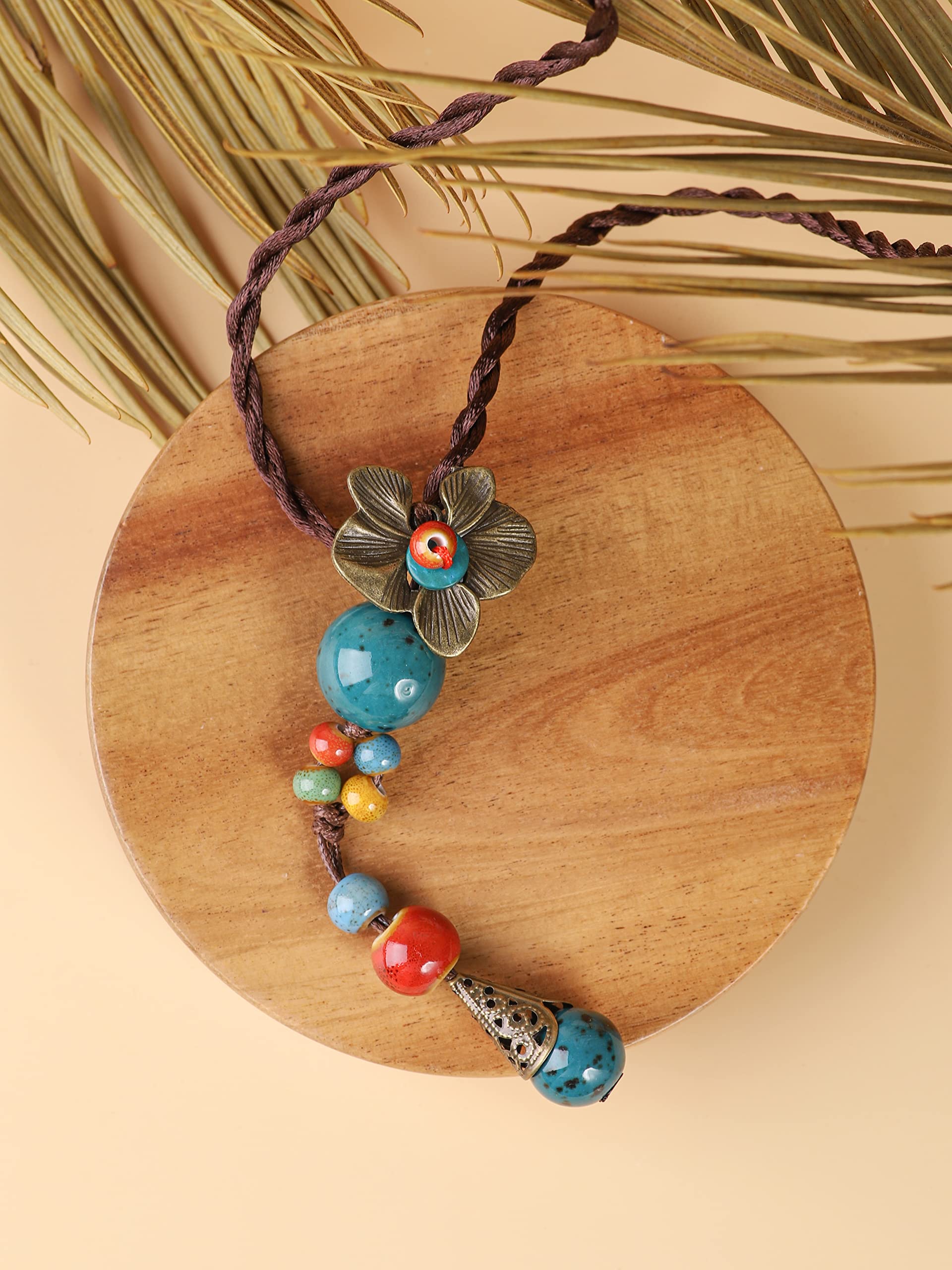 Collar vintage bohemio colorido de cerámica con cuentas antiguas en Y, vintage, bohemio, hippie, regalo de joyería para mujer, Zinc Cerámica, No es una piedra preciosa 4