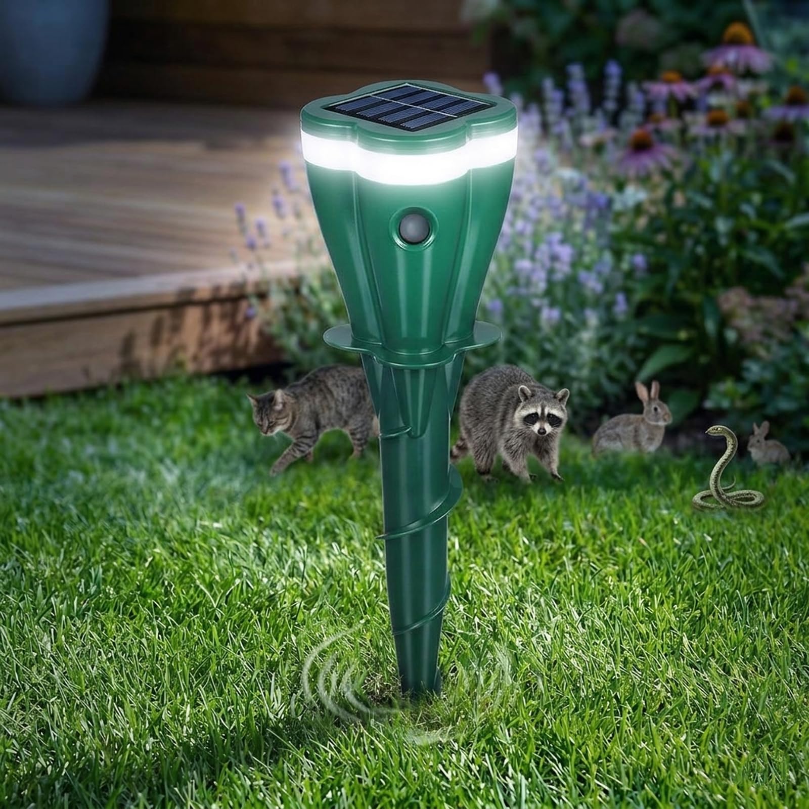 Solar Powered Animal Deterent, Ultrasonic Animals Control Device with Motion Sensor and Vibration,Waterproof Cat Rodent Raccoon Repeller, Rabbit Snake Control Device for Yard Farm Garden (Green 1pcs)