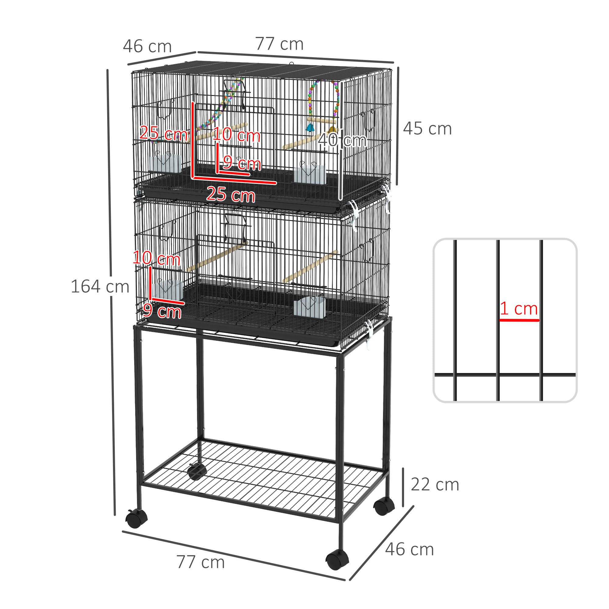 PawHut Gabbia per Uccelli in Acciaio e PP, Design Impilato con Posatoi, Altalene e Scalette, 77x46x164 cm, Nero
