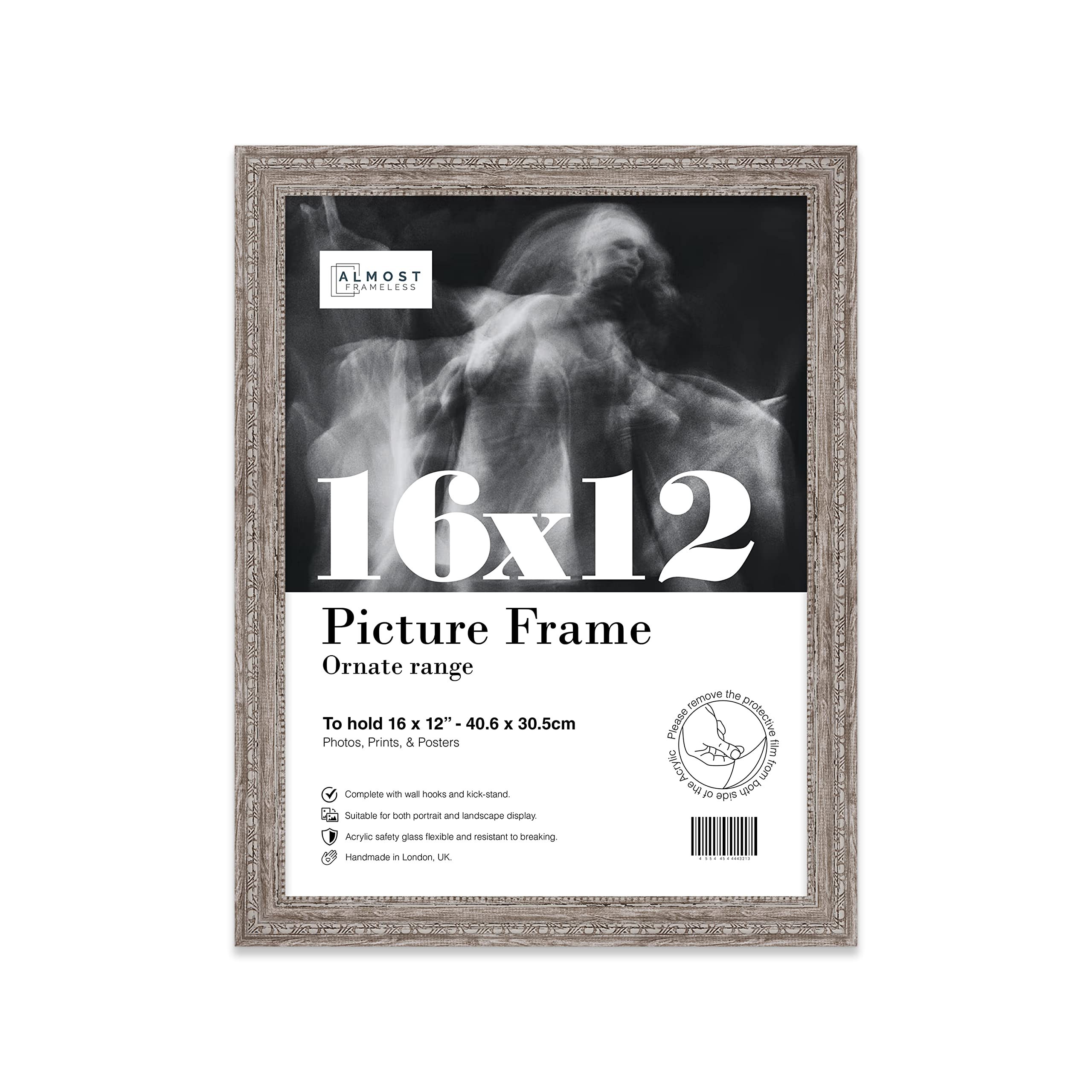 Almost Frameless 16x12 Walnut Ornate Picture Frame 16"x12"(40.6x30.5cm) Poster, Photo, Artwork, or Print. Opulent Style Portrait and Landscape Display with Wall Hooks