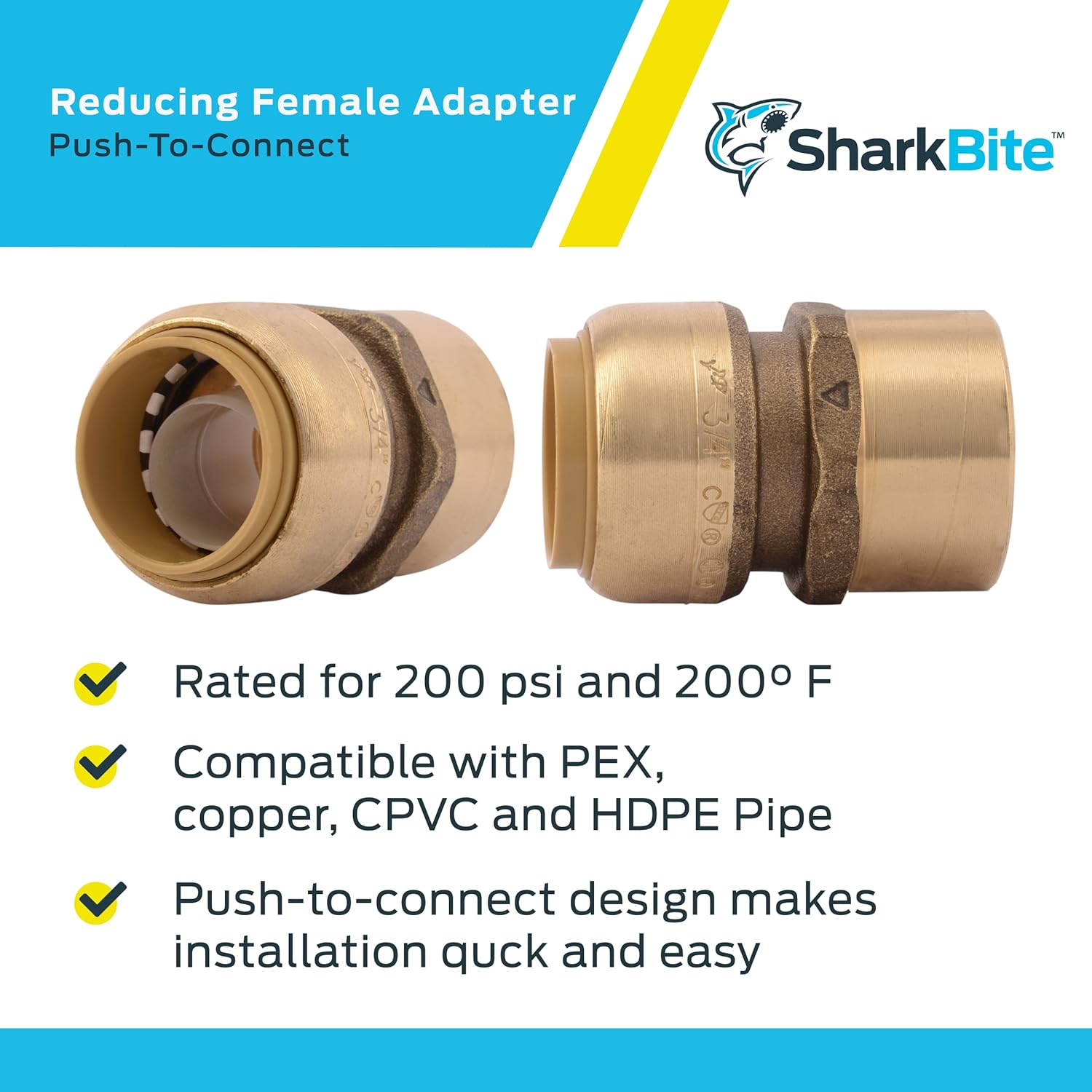 SharkBite 3/4 x 3/4 Inch FNPT Adapter, Push To Connect Brass Plumbing Fitting, PEX Pipe, Copper, CPVC, PE-RT, HDPE, U088LFA