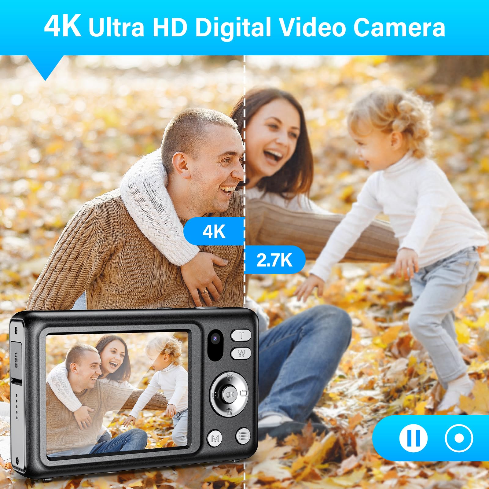 Cámara de Fotos 64MP 4K Cámara Digital Compacta con Zoom 16X 2,8" LCD Compacta Portátil Cámara con Tarjeta 32GB para Niños Principiantes Adulto (Negro)
