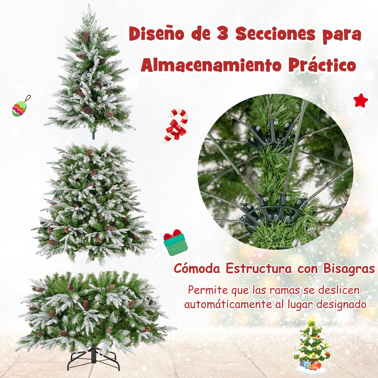 COSTWAY Árbol de Navidad Nevado 225 cm, Arbol de Navidad con Luces Incorporadas, 470 Luces LED Blanco Cálido, 81 Piñas, 1135 Ramas de PE y PVC, Arvore de Natal Hogar Oficina Fiesta (225cm)