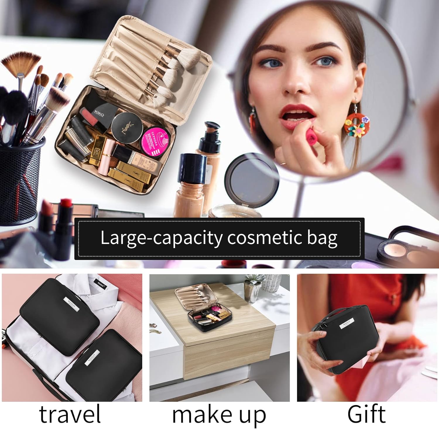 Queboom Travel Makeup Bag Cosmetic Bag Makeup Bag Toiletry bag for women and girls (Black) : Beauty & Personal Care