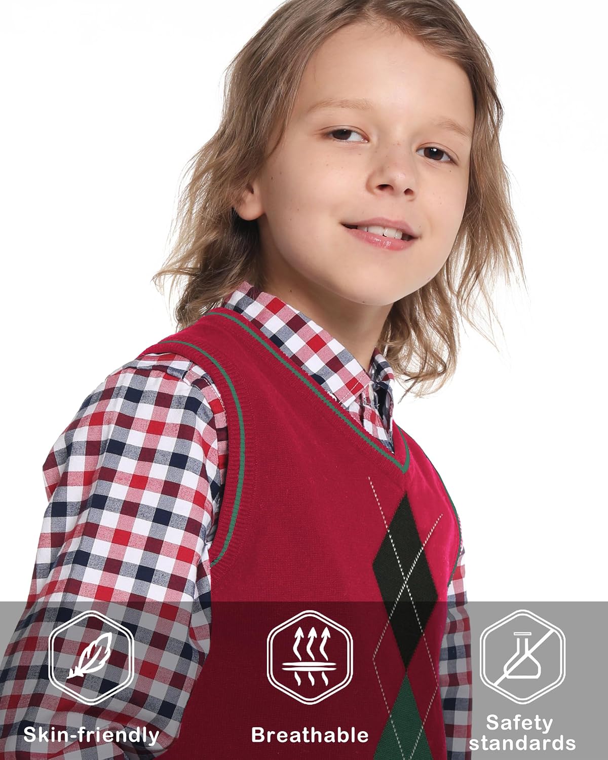 BOBOYOYO Boys Argyle Sweater Vest 100% Cotton V-Neck School Uniform Vest
