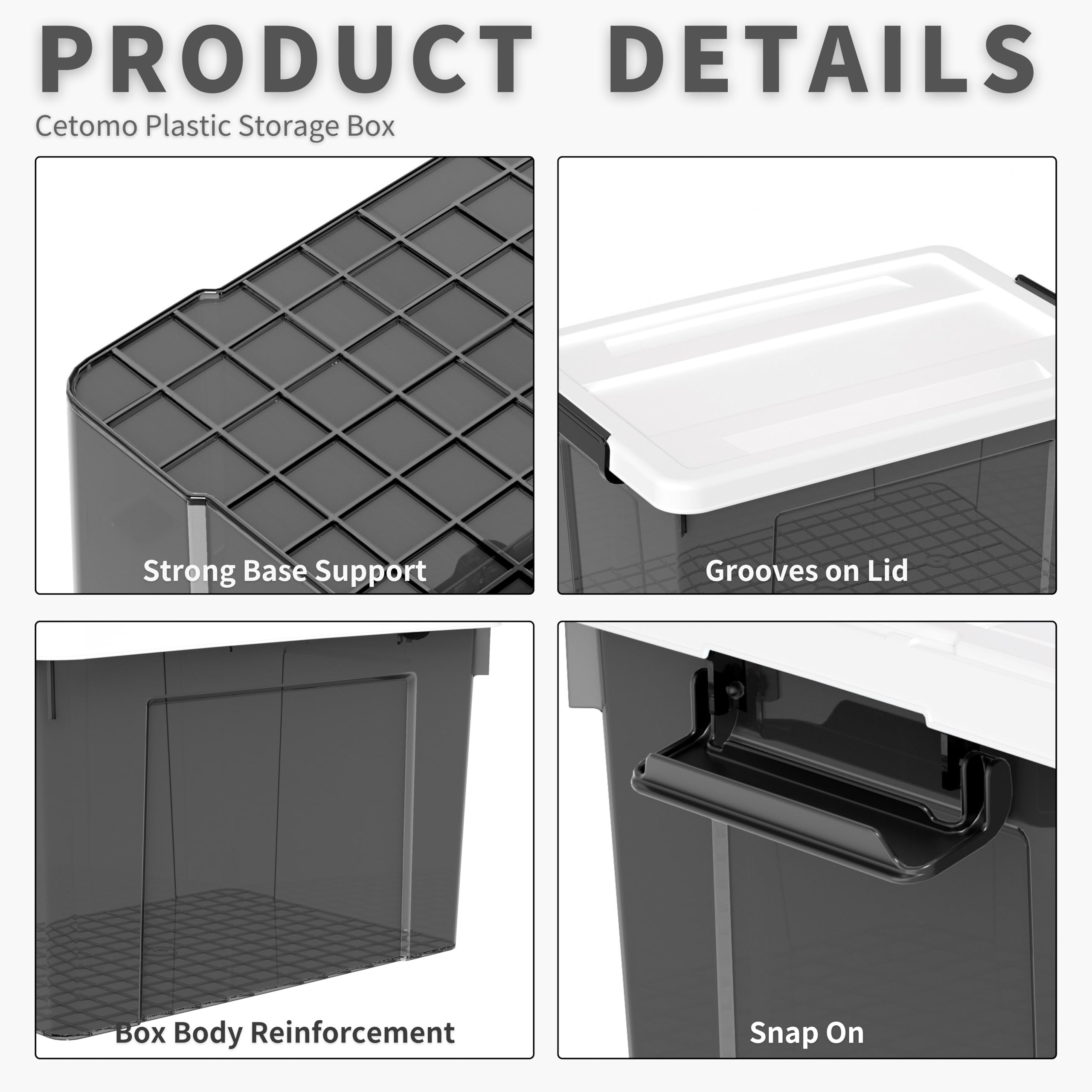 Cetomo 90L*4 Boîte de Rangement, Bac de rangement avec Poignée, Plastique Organisateur avec Couvercle, Empilable, Transportable, pour Vêtements, Bureau, Dortoirs, Transparent Noir, 90L - Lot de 4