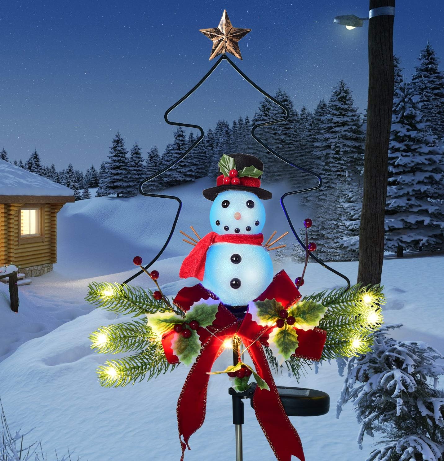 Solar Light Snowman in Frame Faux Berry Christmas, Stake