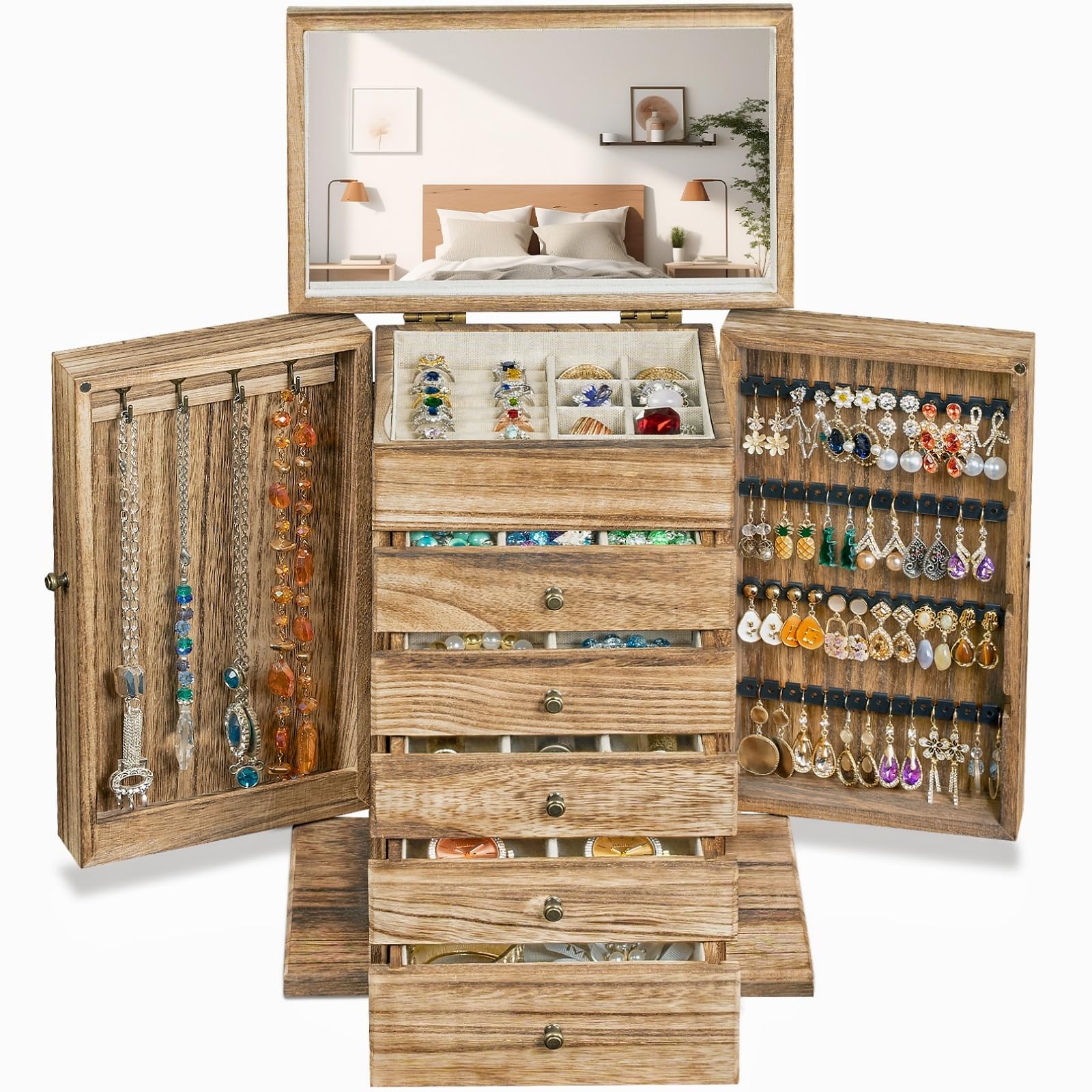 Emfogoo Schmuckkästchen für Damen, 6 Ebenen Rustic Aufbewahr