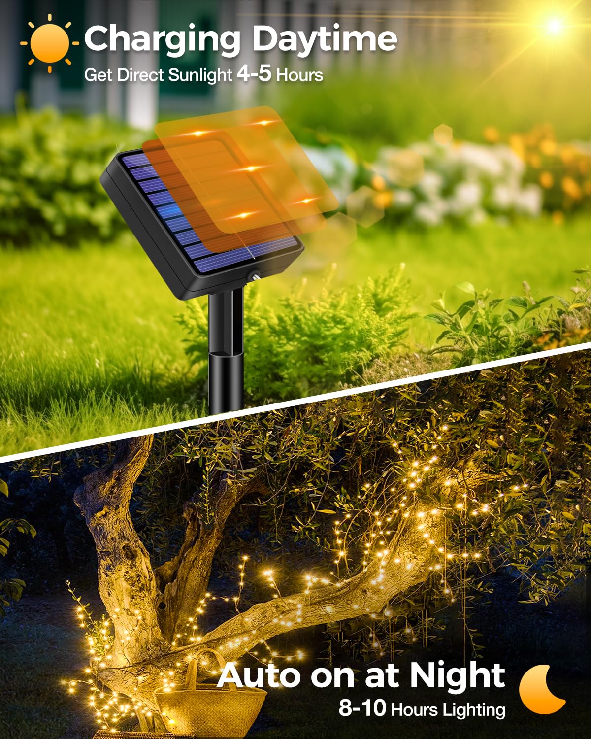 2 Paquete Guirnaldas Luces Exterior Solar, 5+2M 50 LED 8 Modos Luces Solares LED Exterior Jardin, Impermeable IP65 Luz Navidad Exteriors Solares para Exteriores Decoracion Arbol, Blanco Calido