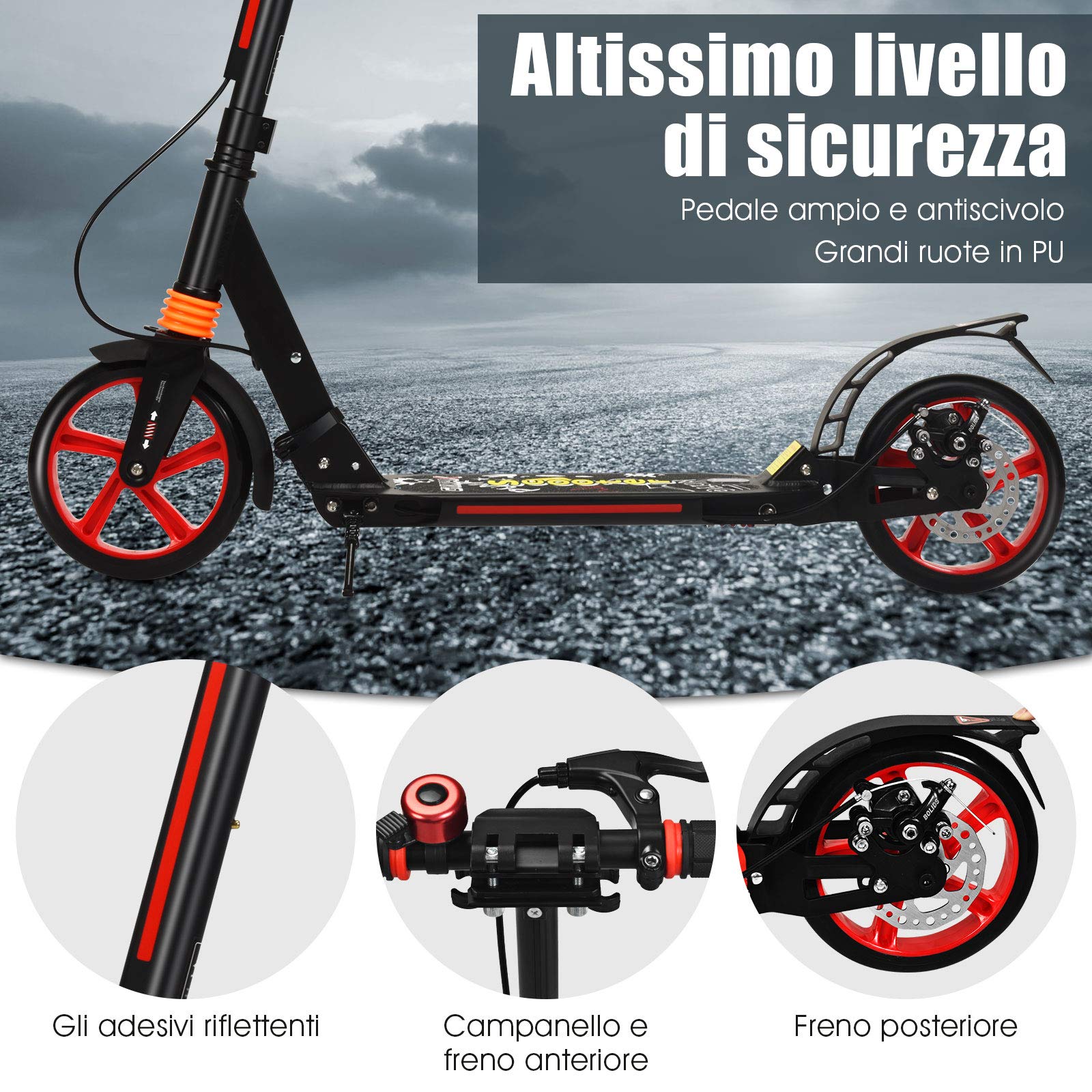 GOPLUS Pieghevole Monopattino a Spinta, 3 Altezze Regolabili, Doppio Freno, con Campanello, Maniglia in Gomma, 2 PU Ruote di 200mm, 95 x 37 x 86,5-101cm, Verde/Nero/Bianco/Blu/Rosso