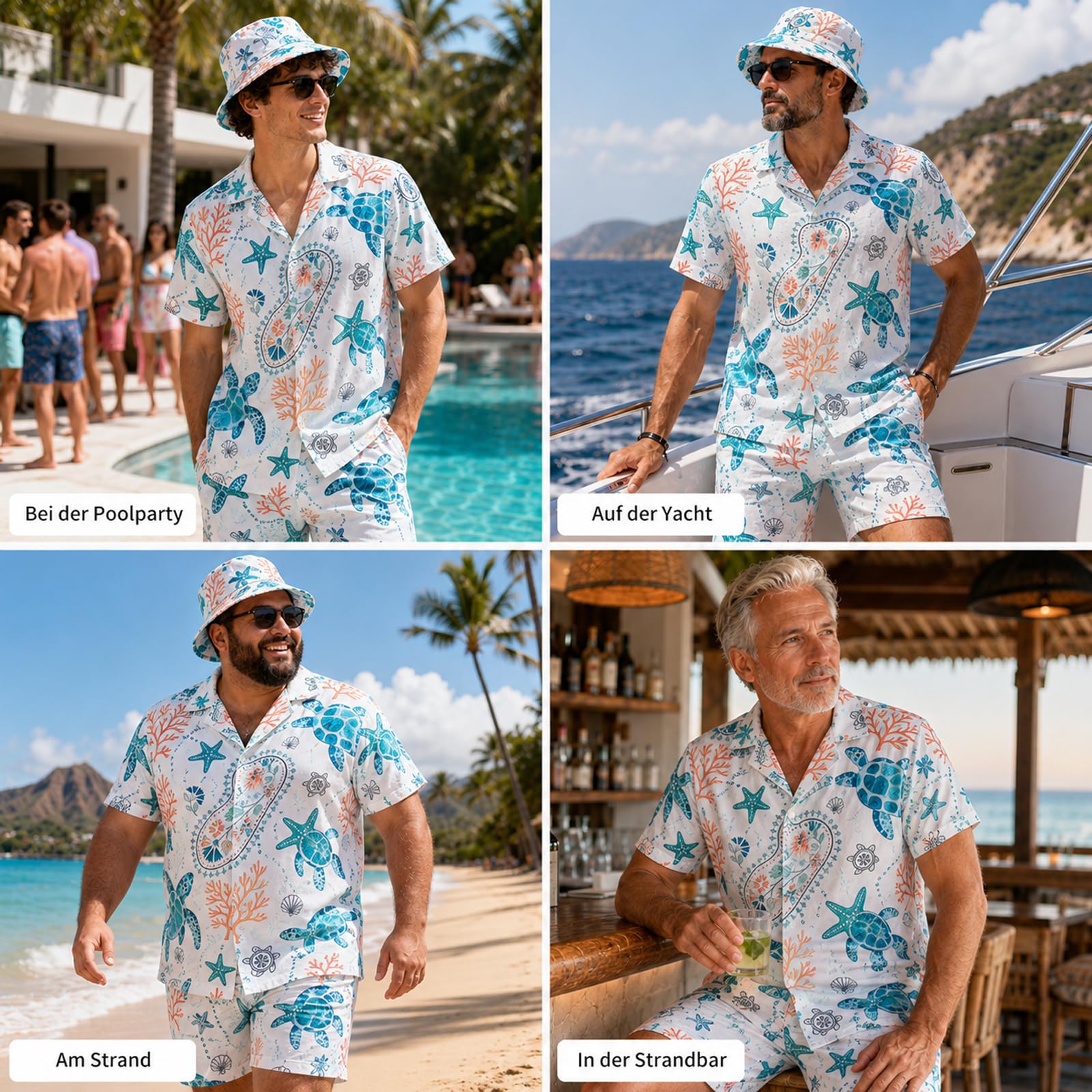 Camicia hawaiana da uomo con pantaloncini e cappello, outfit hawaiano da uomo, camicia hawaiana per festival, costume estivo da uomo Mallorca