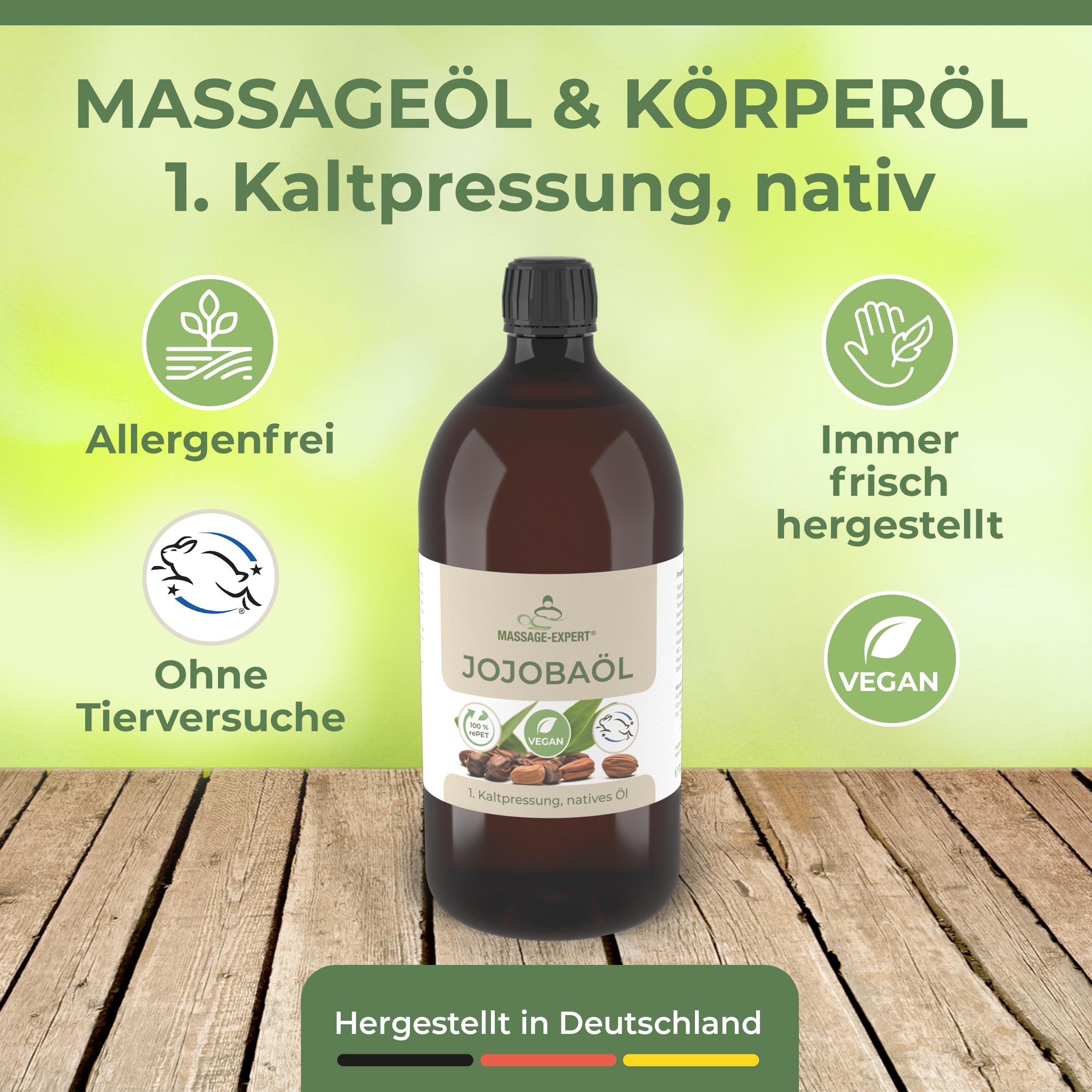 MASSAGE-EXPERT Bio Jojobaöl kaltgepresst – für Massage, Babymassage, Hautpflege und Haarpflege (1 Liter rePET-Flasche mit Spritzeinsatz)