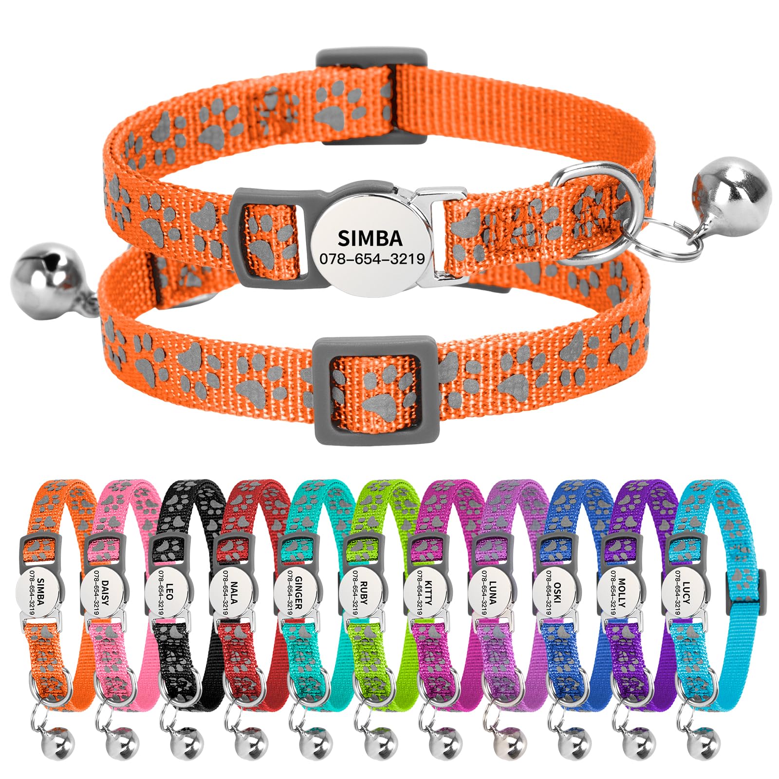 Personalised Reflective Cat Collar with Name Tag,Quick Release Kitten Collars with Bell Safety Buckle, Adjustable Nylon Cat Collar for Cats Kittens UK Prime (19โ30 cm, Orange Paw)