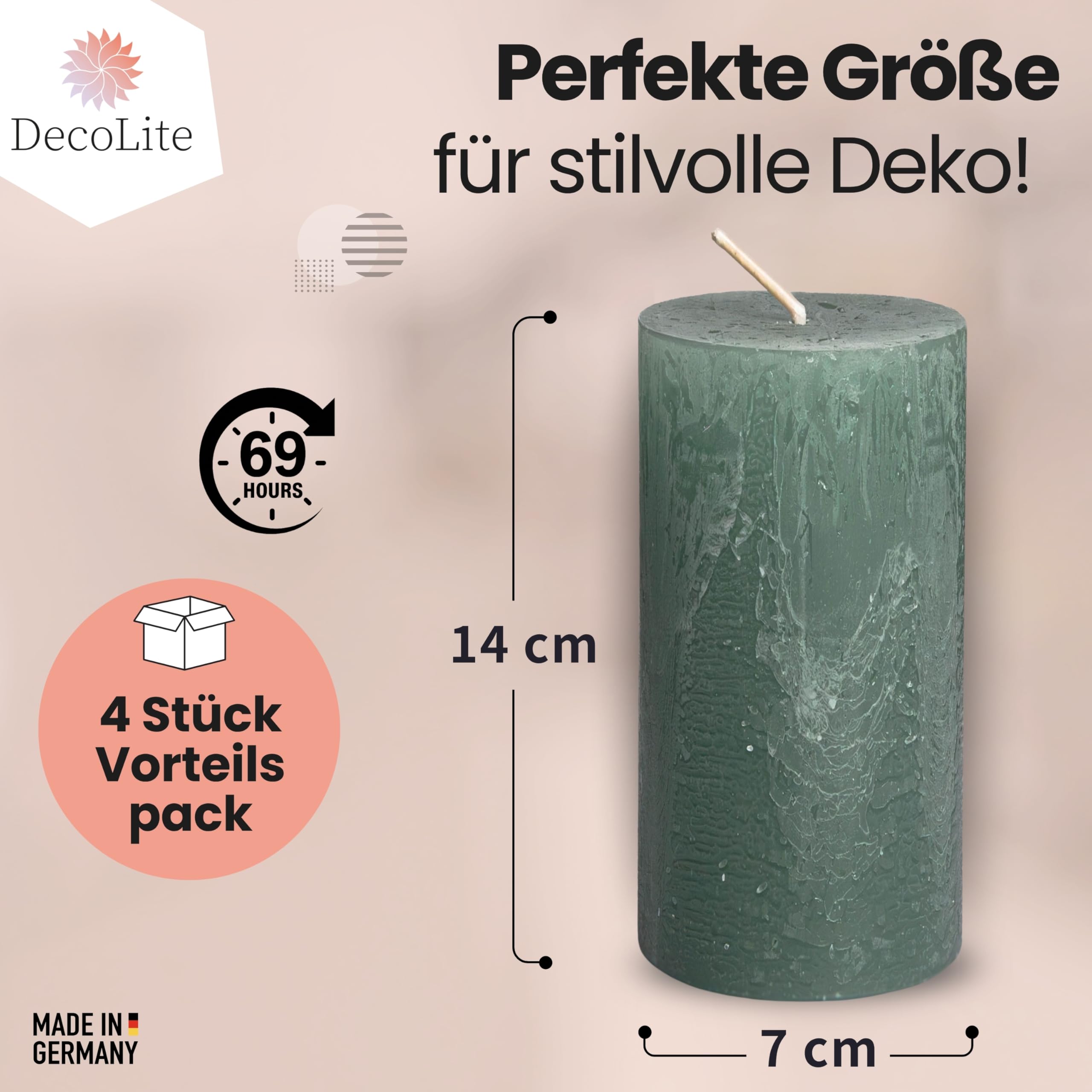Juego de 4 velas rústicas, 140 x 70 mm, autoextinguibles, con certificado RAL, duración de combustión aprox. 69 h, fabricadas en Alemania, velas decorativas rústicas (salvia)