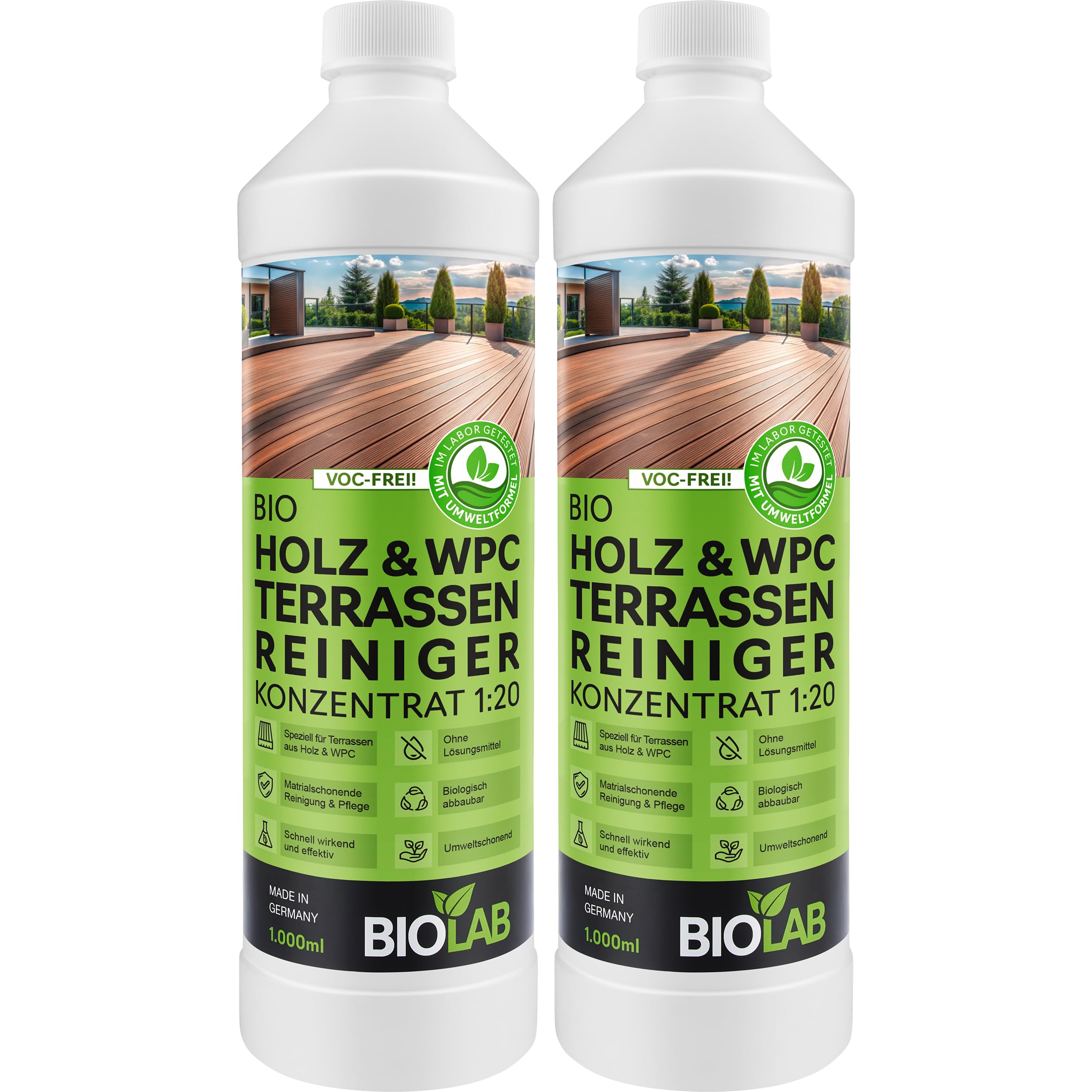 BIOLAB Holz & WPC Terrassen Reiniger Konzentrat 1:20 (2 x 1 Liter) Terrassenreiniger, Holzreiniger, WPC-Reinigungsmittel für den Boden der Terrasse oder Balkon