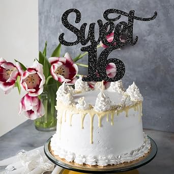Gyufise 1Pc Sweet Teenager 16 Cake Topper Black Glitter 16th Birthday Cake Pick Decorations for Cheers to 16 Years Old 16th Birthday Party Cake Decorations Supplies