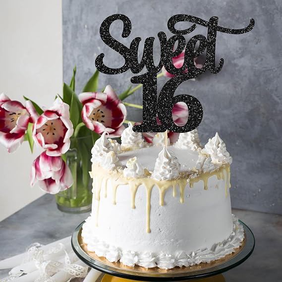 Gyufise 1Pc Sweet Teenager 16 Cake Topper Black Glitter 16th Birthday Cake Pick Decorations for Cheers to 16 Years Old 16th Birthday Party Cake Decorations Supplies