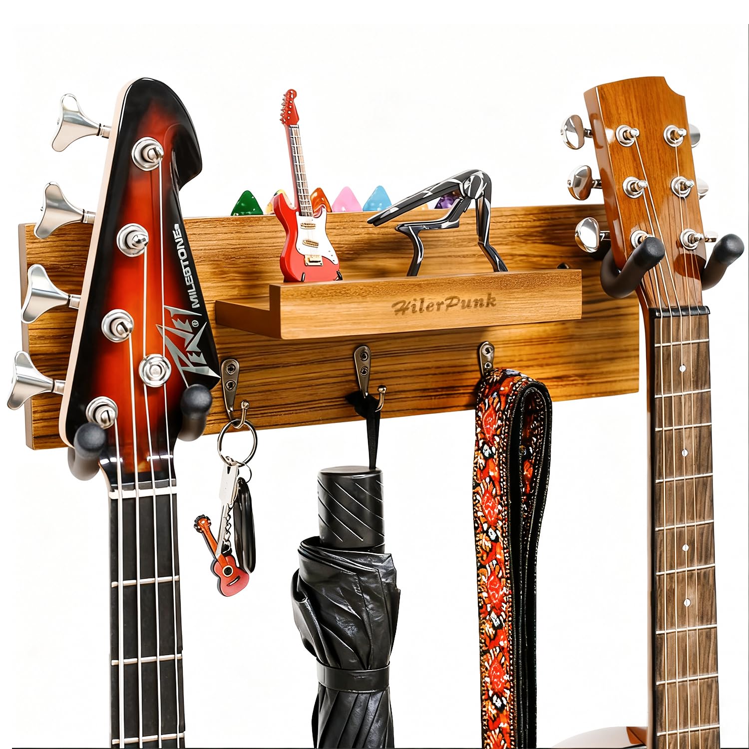 Supporto da parete per chitarra, gancio da parete per chitarra in legno massiccio con 3 ganci e 2 ganci girevoli in gomma per chitarra, espositore per chitarra con ripiano e porta plettri per chitarra