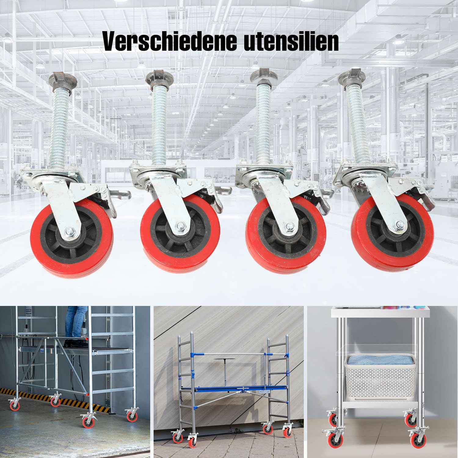 4 Stück Gerüstrollen Set 150mm Rollfüße Spindelrollen Lenkrollen Räder Gerüsträder mit Bremse für Arbeitsgerüste 500kg Tragkraft