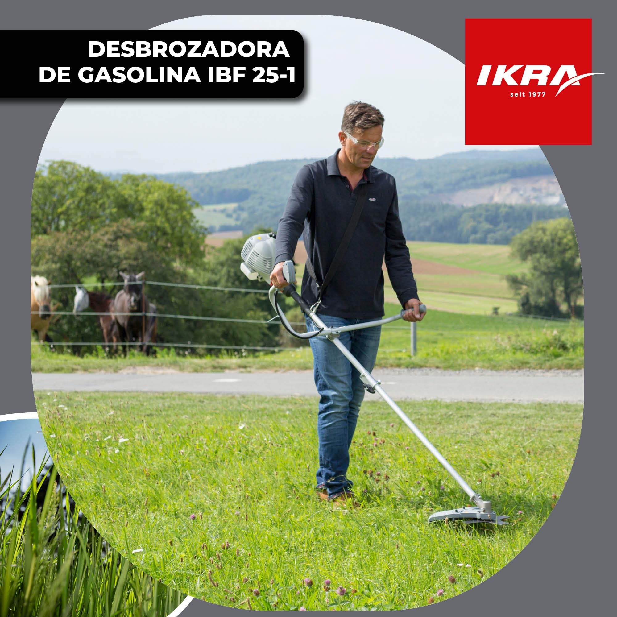 IKRA desbrozadora de Gasolina IBF 25-1 con Bobina de Hilo y Cuchilla | 25 cm³, 0,8 kW, motor de gasolina de 2 tiempos, ancho de corte de 23 cm, para cortar hierba alta, ramas pequeñas y maleza