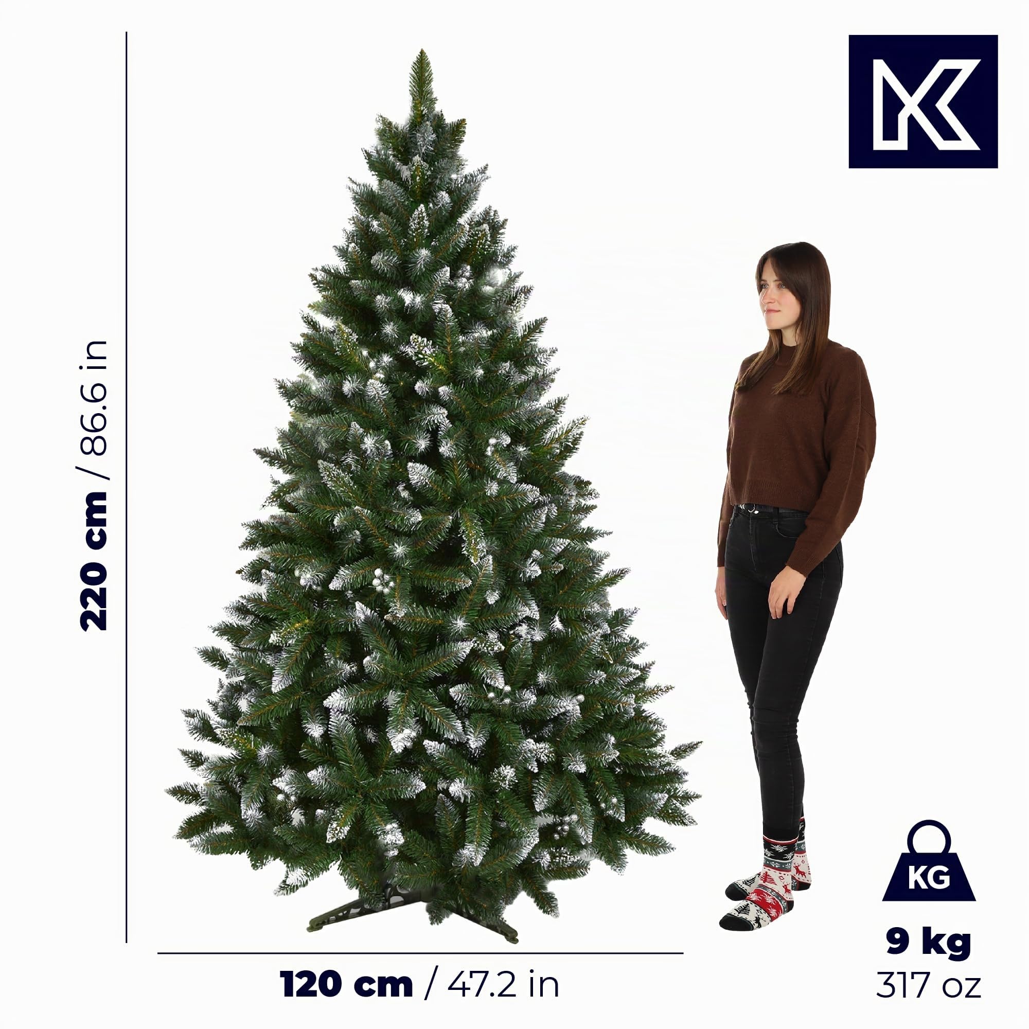 KADAX künstlicher Weihnachtsbaum mit silbernen Kügelchen und Raureif, 220cm Tannenbaum aus PVC, grün Christbaum mit 535 Zweigen, Kunststoffständer, Ø ca. 120cm (Premium Schneeflocke 220cm)