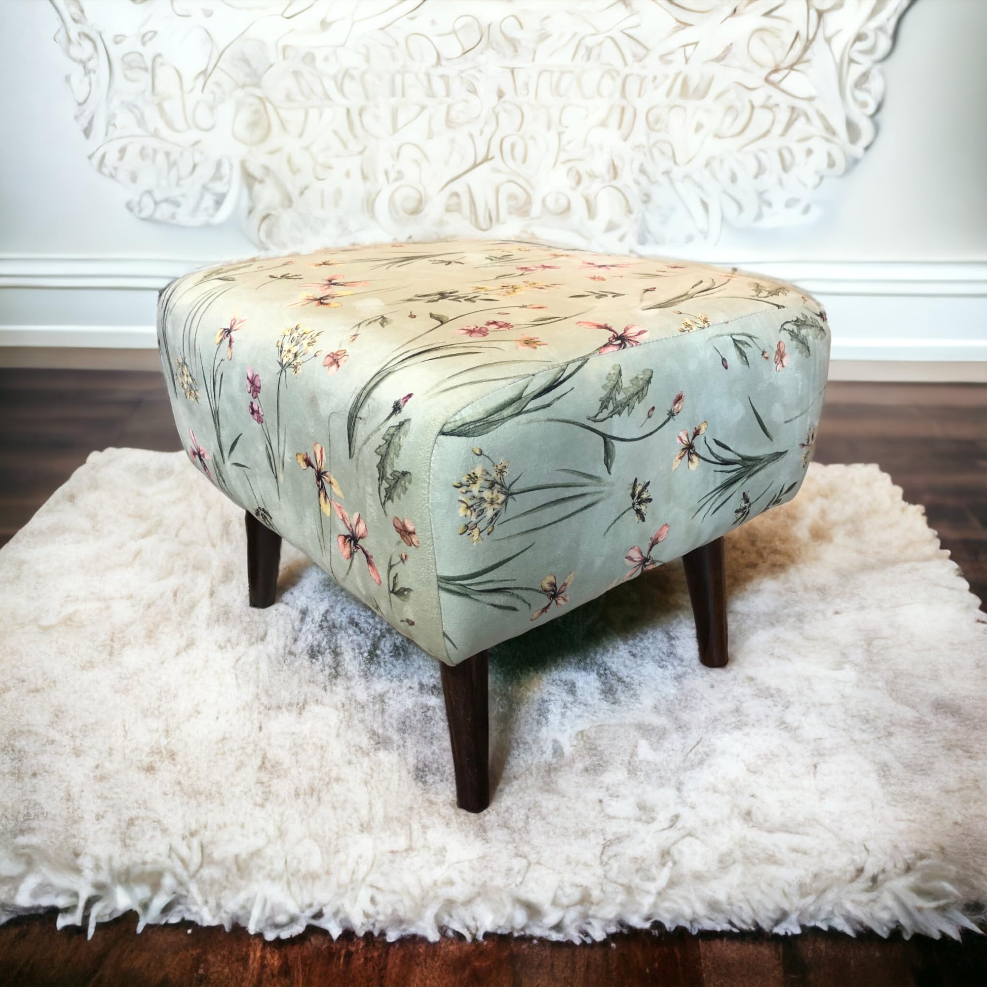 The Artage Puffy Stool for Living Room Sitting Printed Premium Foam Cushioned Pouffe Ottoman for Foot Rest Stool for Home Decor Furniture with 4 Wooden Legs (Floral) (Floral Green)