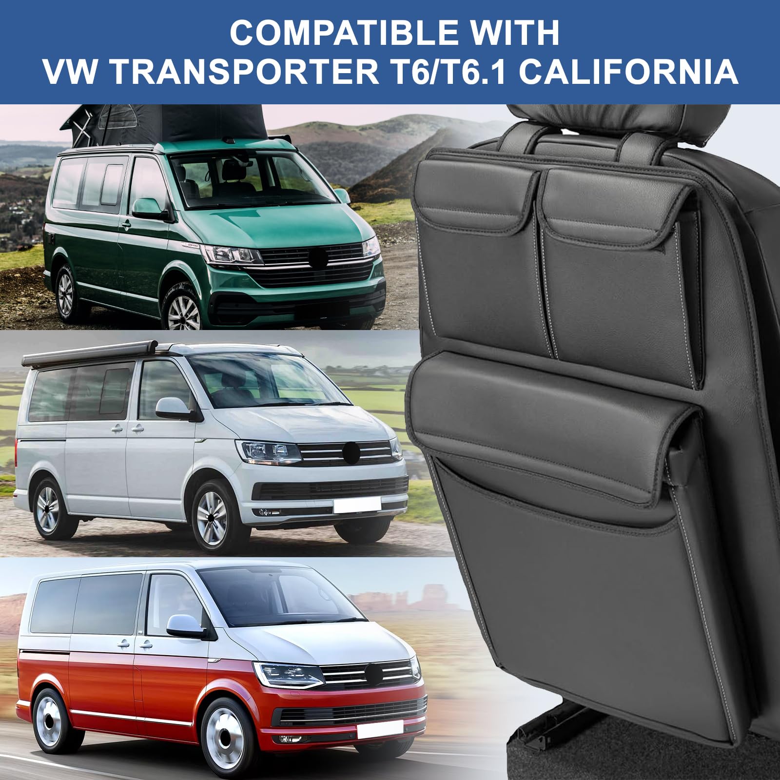 Organizer per Bagagliaio Auto per VW Transporter T6/T6.1 California, Protezione Schienale Sedile Pieghevole con 3 Tasche, Organizer per Bagagliaio Capiente Facile da Usare per Viaggi e Uso Quotidiano