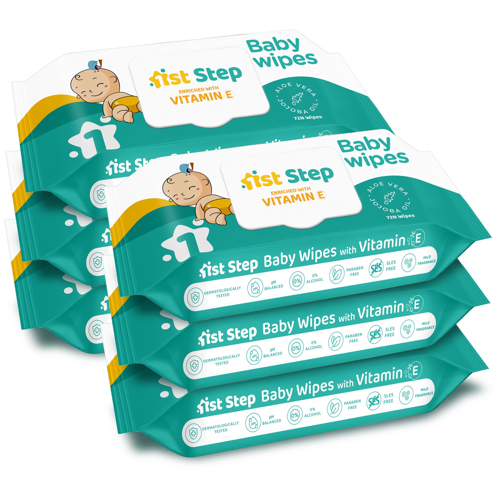 Baby Wet Wipes with Lid Enriched and Aloe-Vera and Jojoba Oil (72 Wipes/Pack x 6Packs = 432 Wipes)