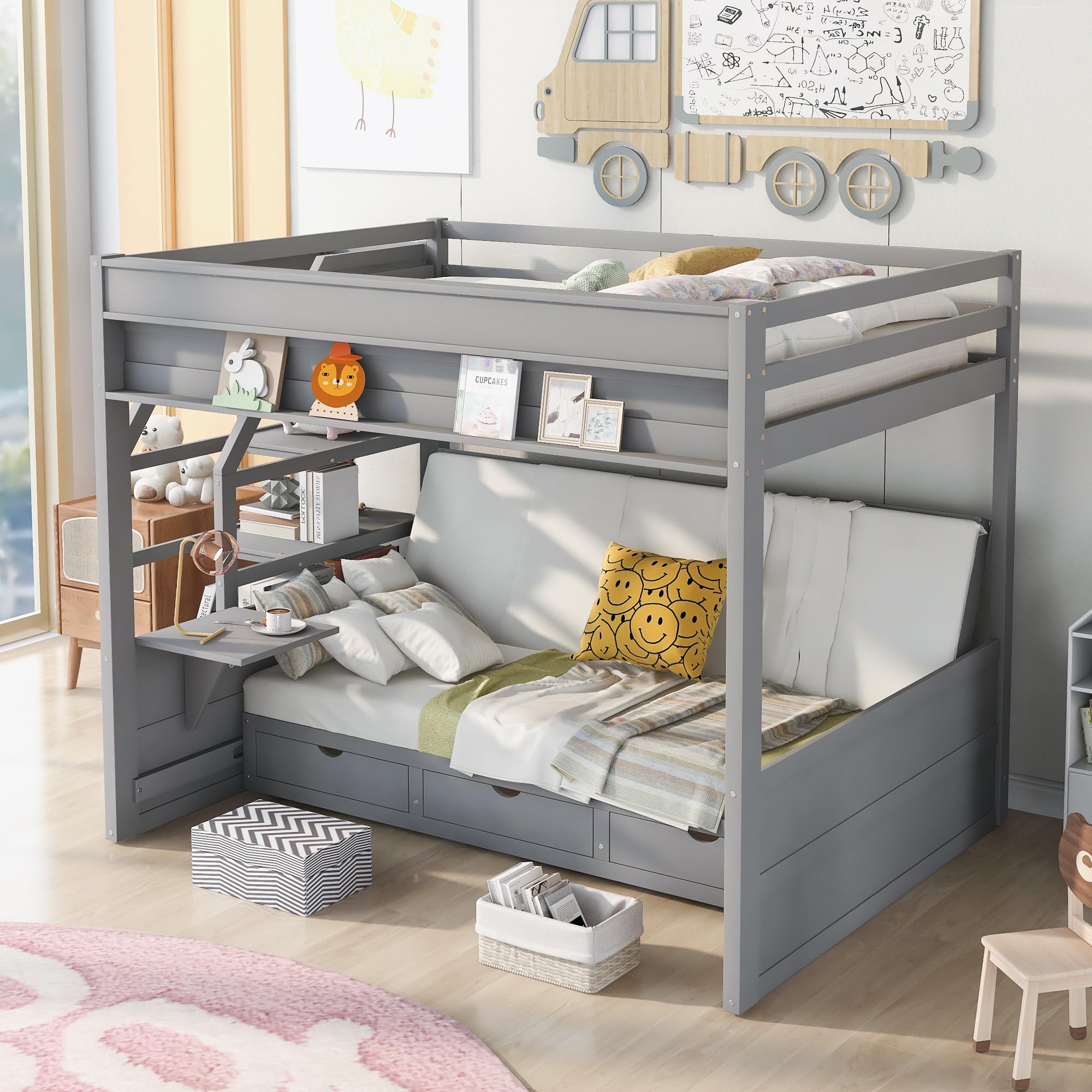 SOFTSEA Wood Bunk Bed Full Size with Staircase and Drawers for Storage Modern Floor Bunk Bed Frame with Bedside Table and Full-Length Guardrail Bedroom Furniture, No Box Spring Need, Gray