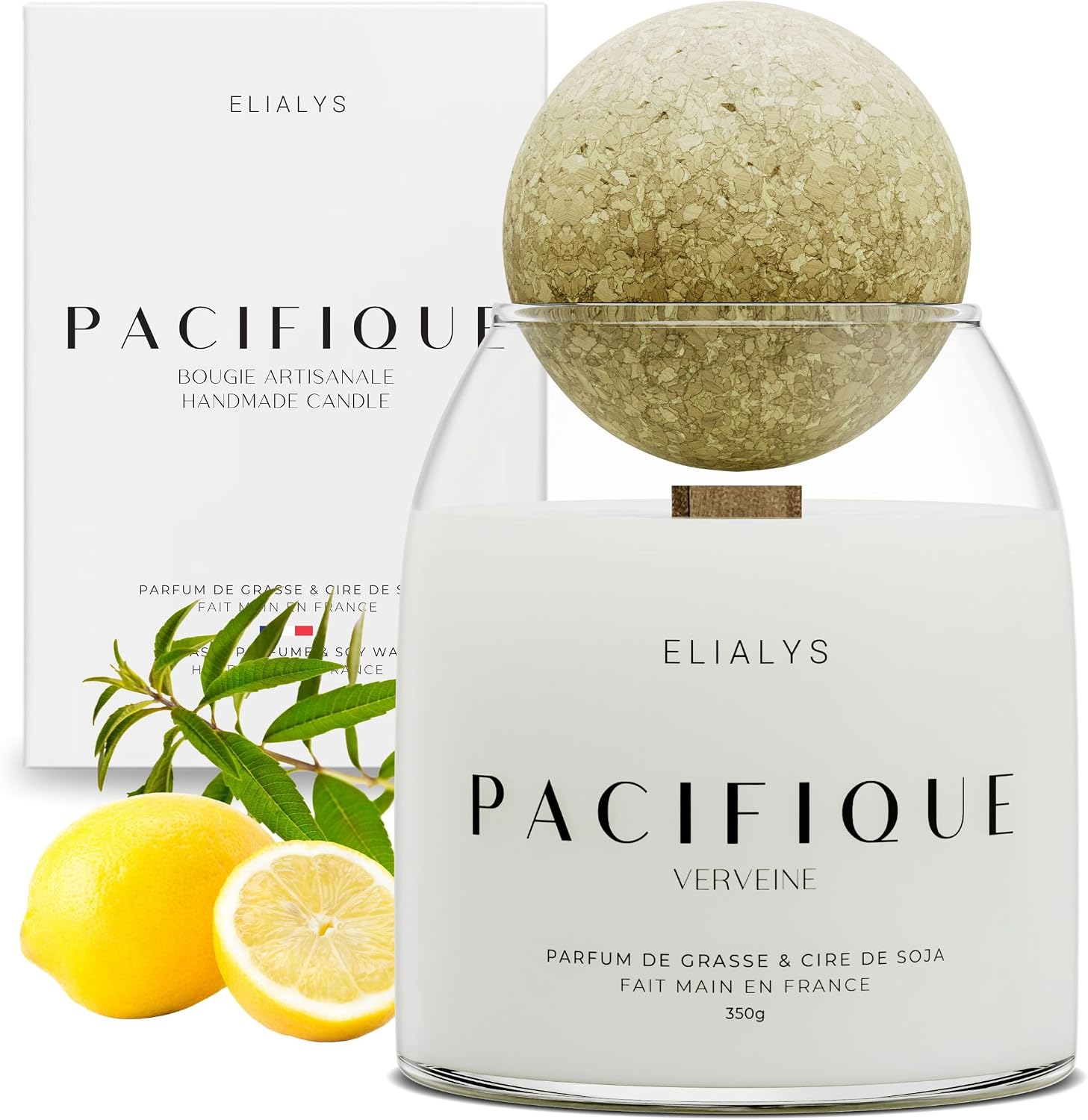 Handmade Scented Candle with Grasse Perfume, Lemon Verbena, Crackling Wooden Wick - PACIFIQUE, 12.35 Oz, 70 Hours of Burn Time, Made in France, Highly Scented & Long Lasting, Luxury Gift