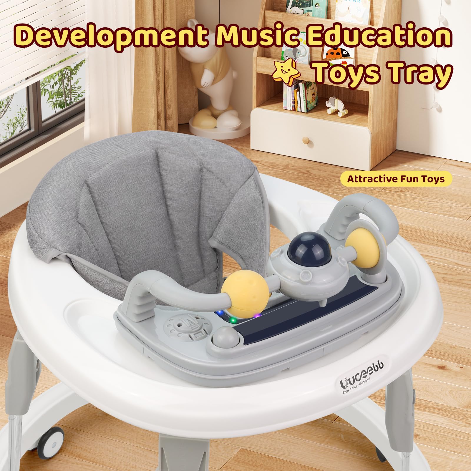 Baby Walker with Wheels,Music and Lights Baby Walker for Boys Girls 6-12 Months,Foldable Baby Walkers and Activity Center,Toddler Infant Walker with 7-Speed Height Adjustment,Detachable Plate,Gray