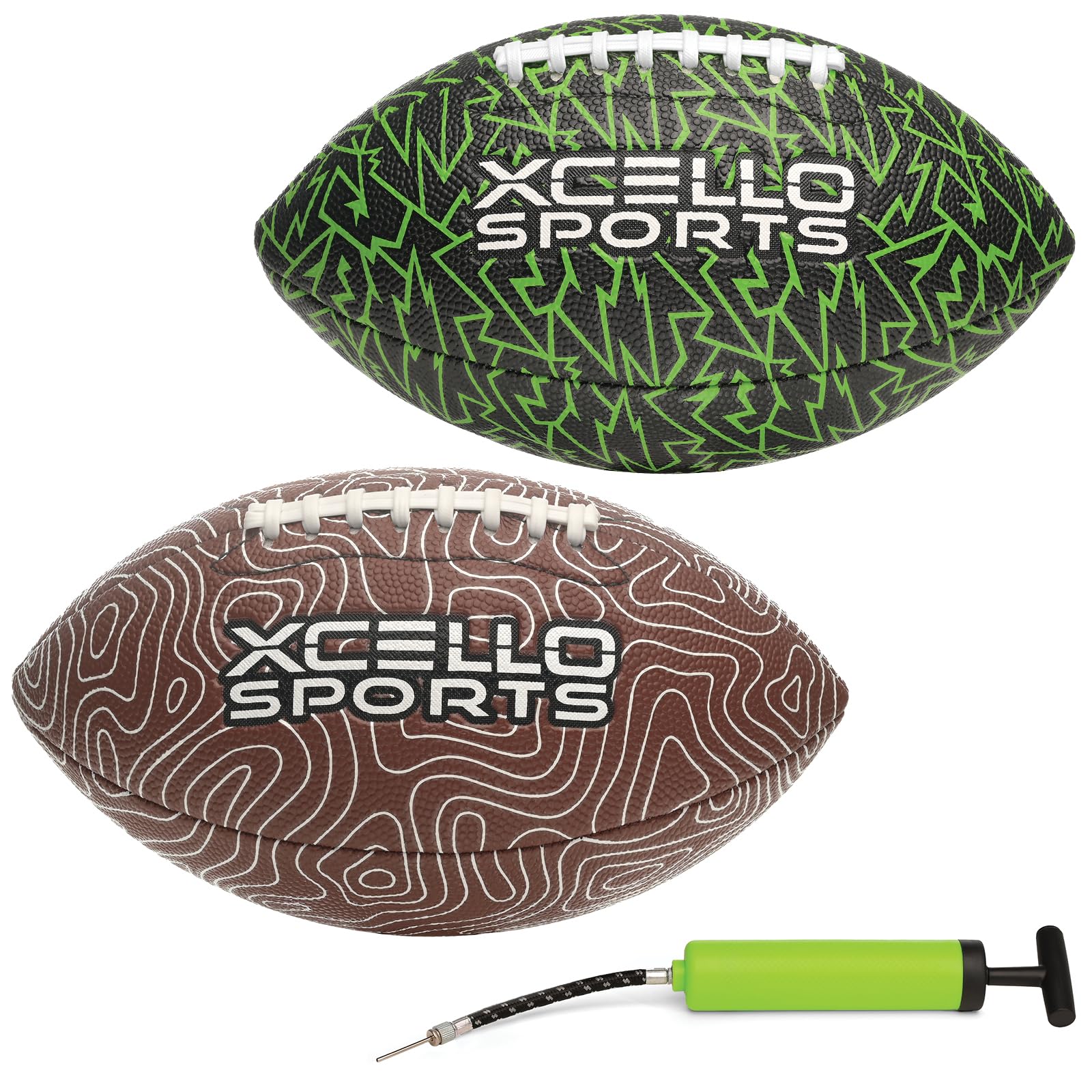 Xcello Sports Junior Football 2-Pack w/Pump - (Black/Green Lightning, Brown/White Topo)