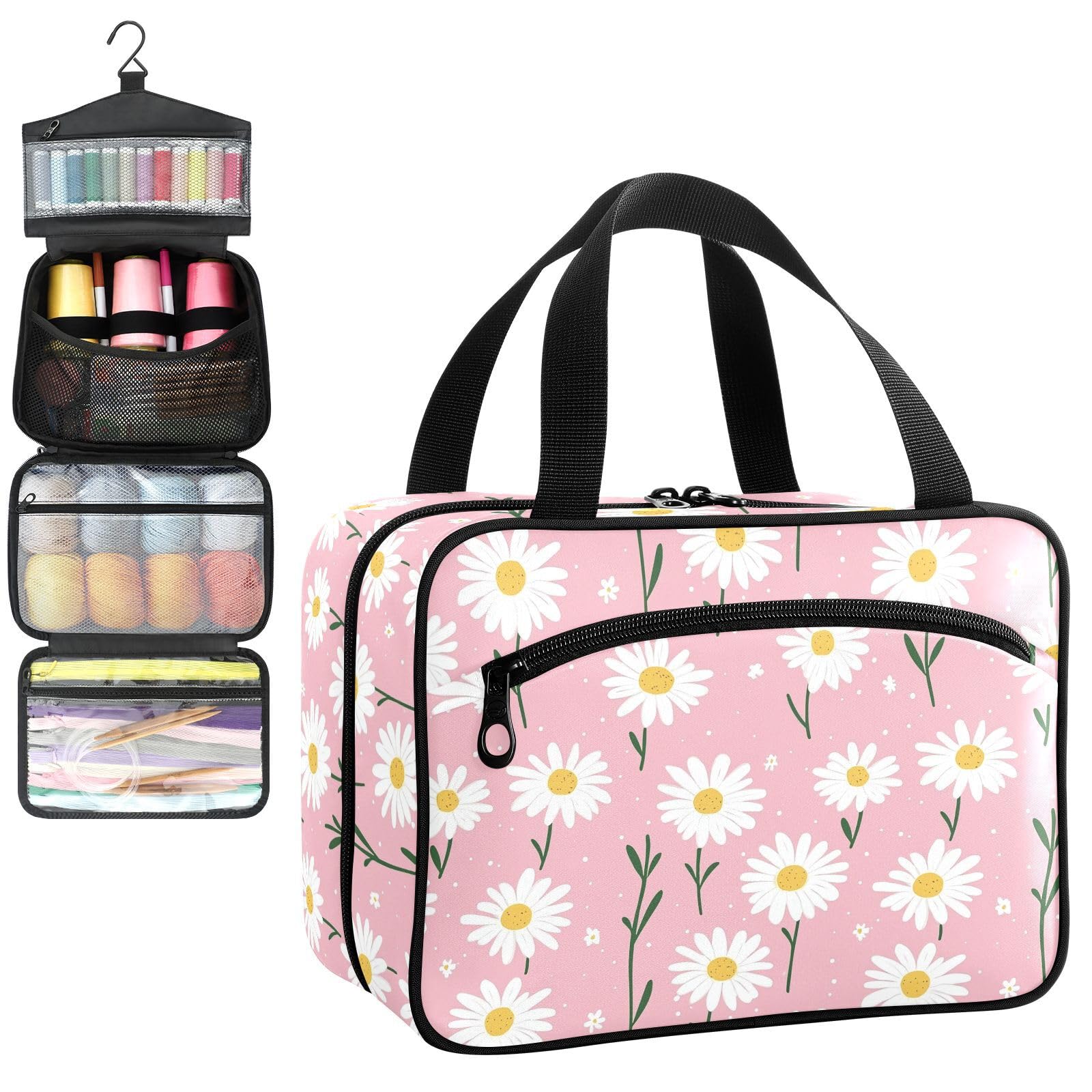 YNNALE Sewing Supply Organizer Bag, Cute Daisy Flowers Pink and White Portable Sewing Bags with Pockets&Hanger, Sewing Storage Box Case for Sew Supplies/Kit/Tools/Accessories (BAG ONLY)